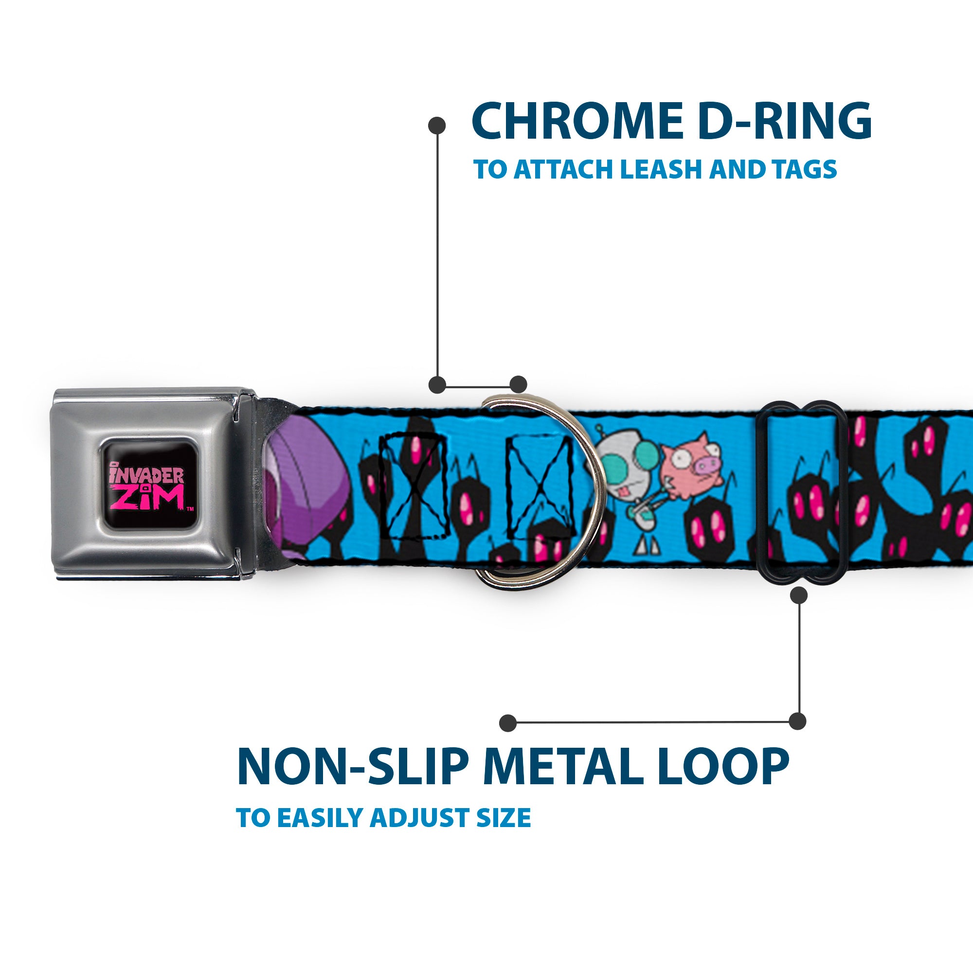 INVADER ZIM Title Logo Full Color Pink/Green Seatbelt Buckle Collar - Invader Zim GIR and Piggy Rule the World Poses Blue Seatbelt Buckle Collars Invader Zim