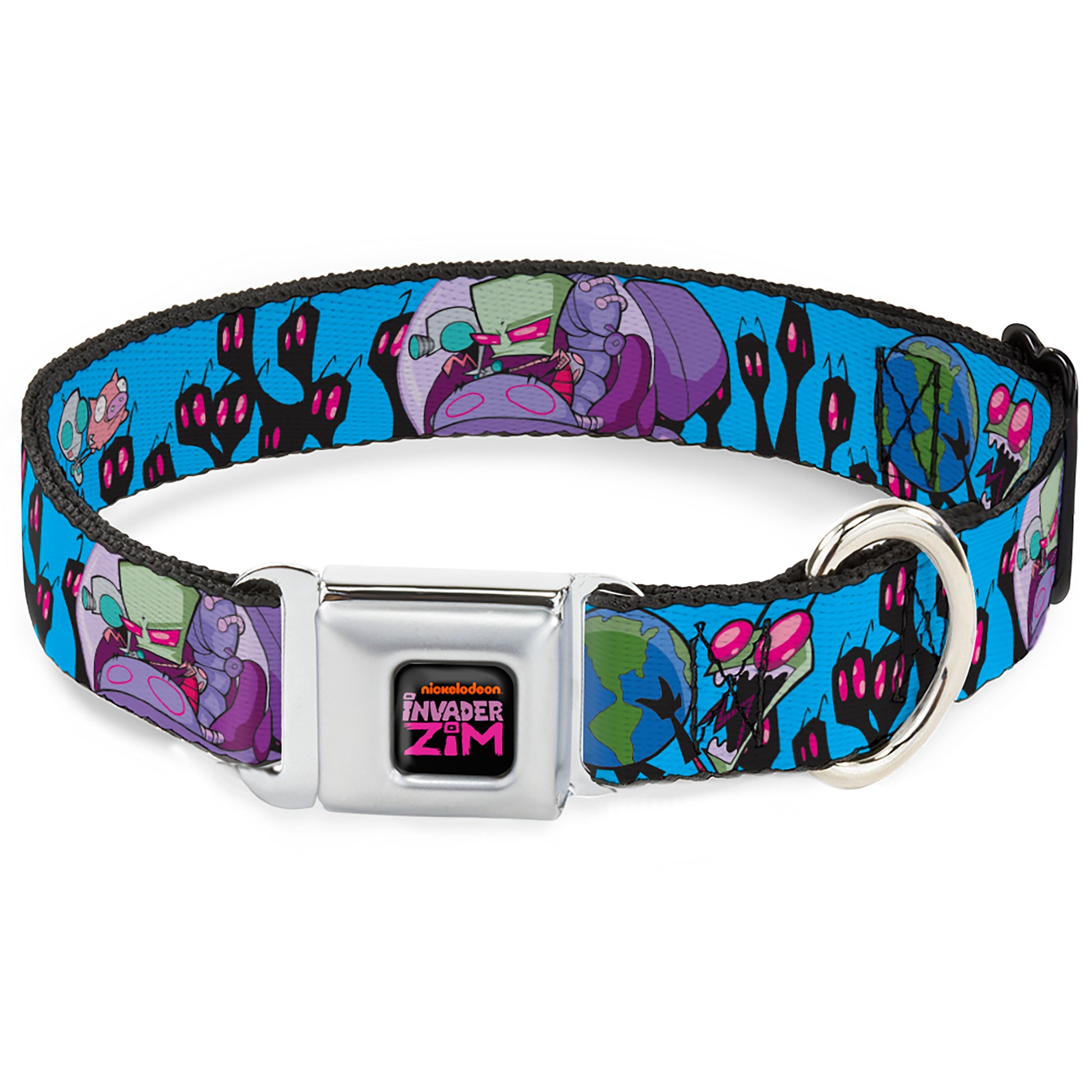 INVADER ZIM Title Logo Full Color Pink/Green Seatbelt Buckle Collar - Invader Zim GIR and Piggy Rule the World Poses Blue Seatbelt Buckle Collars Invader Zim