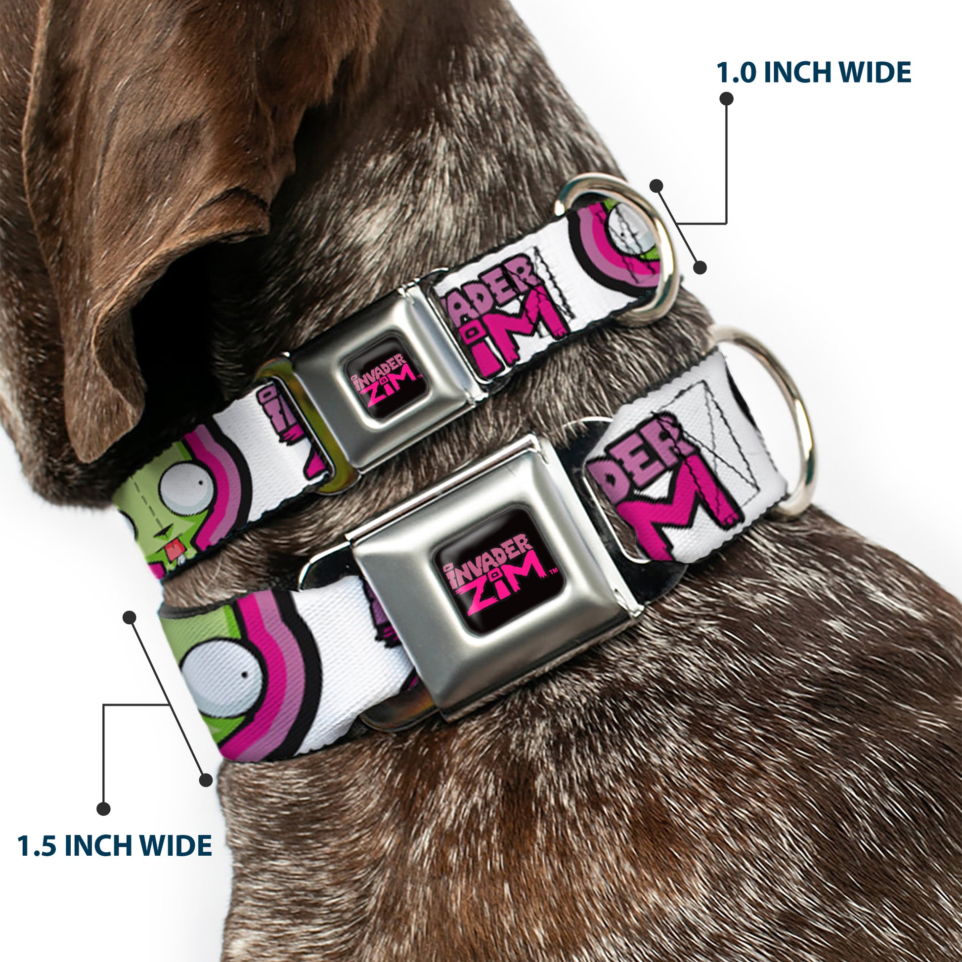 INVADER ZIM Title Logo Full Color Pink/Green Seatbelt Buckle Collar - INVADER ZIM Title Logo and GIR Pose Close-Up White/Pinks Seatbelt Buckle Collars Invader Zim
