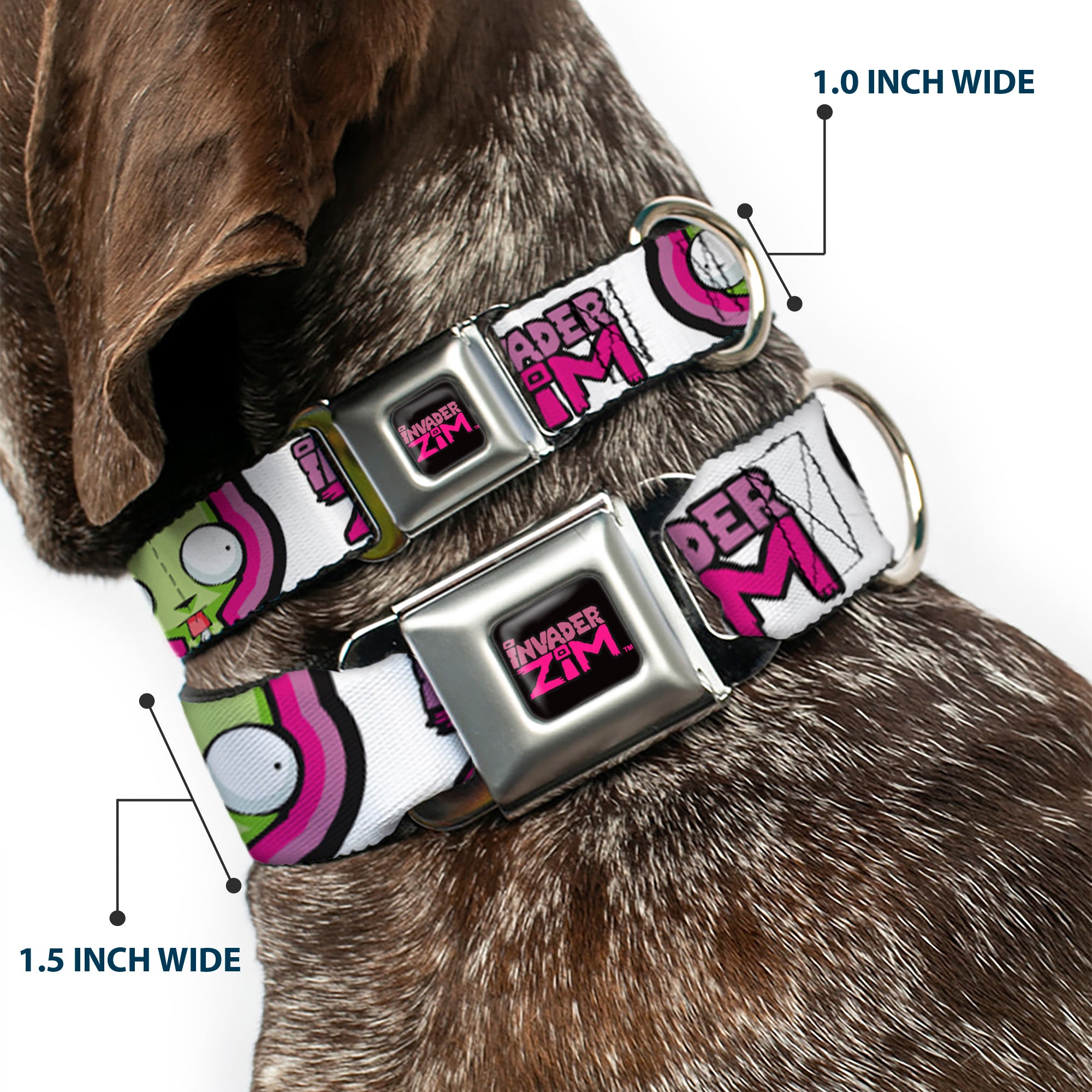 INVADER ZIM Title Logo Full Color Pink/Green Seatbelt Buckle Collar - INVADER ZIM Title Logo and GIR Pose Close-Up White/Pinks Seatbelt Buckle Collars Invader Zim