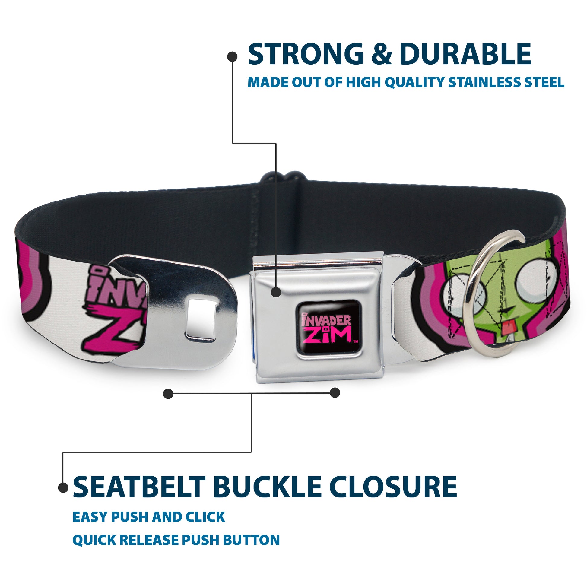 INVADER ZIM Title Logo Full Color Pink/Green Seatbelt Buckle Collar - INVADER ZIM Title Logo and GIR Pose Close-Up White/Pinks Seatbelt Buckle Collars Invader Zim