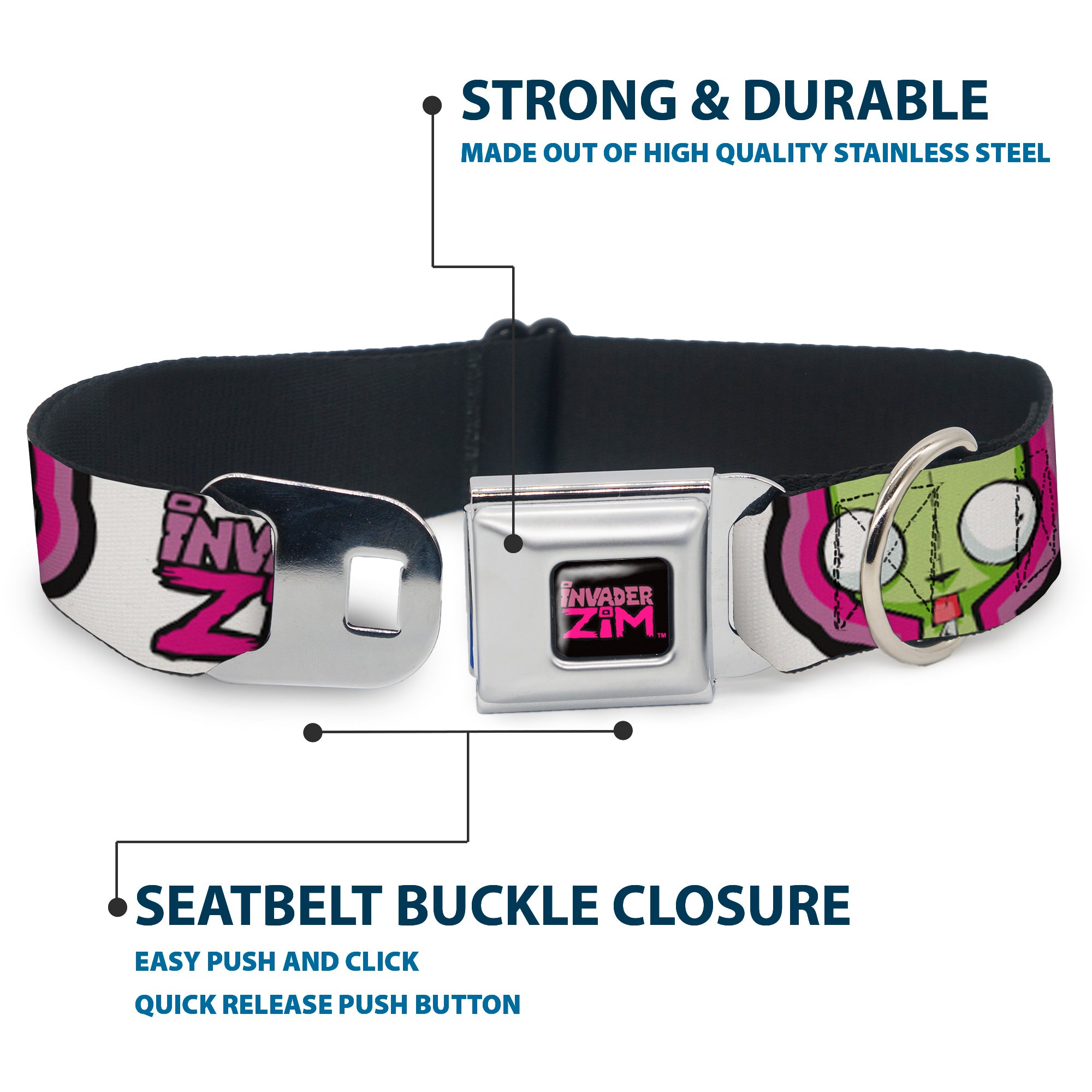 INVADER ZIM Title Logo Full Color Pink/Green Seatbelt Buckle Collar - INVADER ZIM Title Logo and GIR Pose Close-Up White/Pinks Seatbelt Buckle Collars Invader Zim