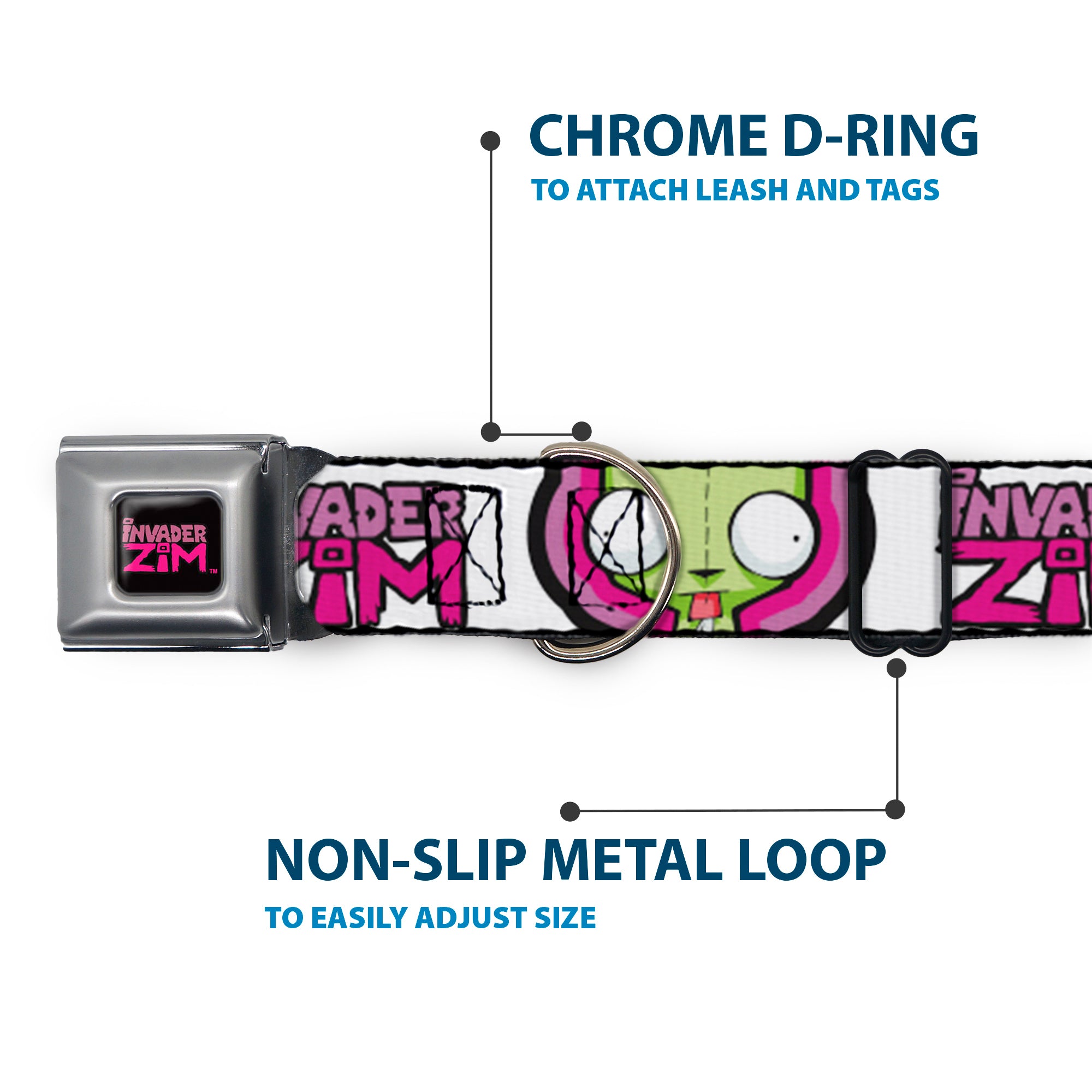 INVADER ZIM Title Logo Full Color Pink/Green Seatbelt Buckle Collar - INVADER ZIM Title Logo and GIR Pose Close-Up White/Pinks Seatbelt Buckle Collars Invader Zim