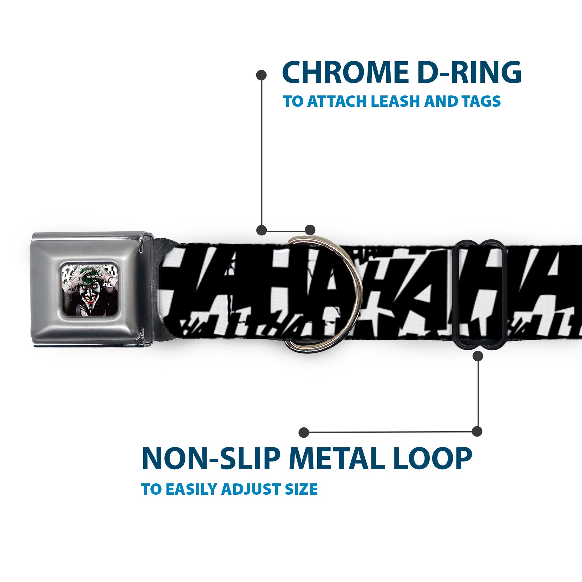 Joker The Killing Joke Holding Head Pose CLOSE-UP Full Color Seatbelt Buckle Collar - Joker's HA HA HA Repeat White/Black Seatbelt Buckle Collars DC Comics