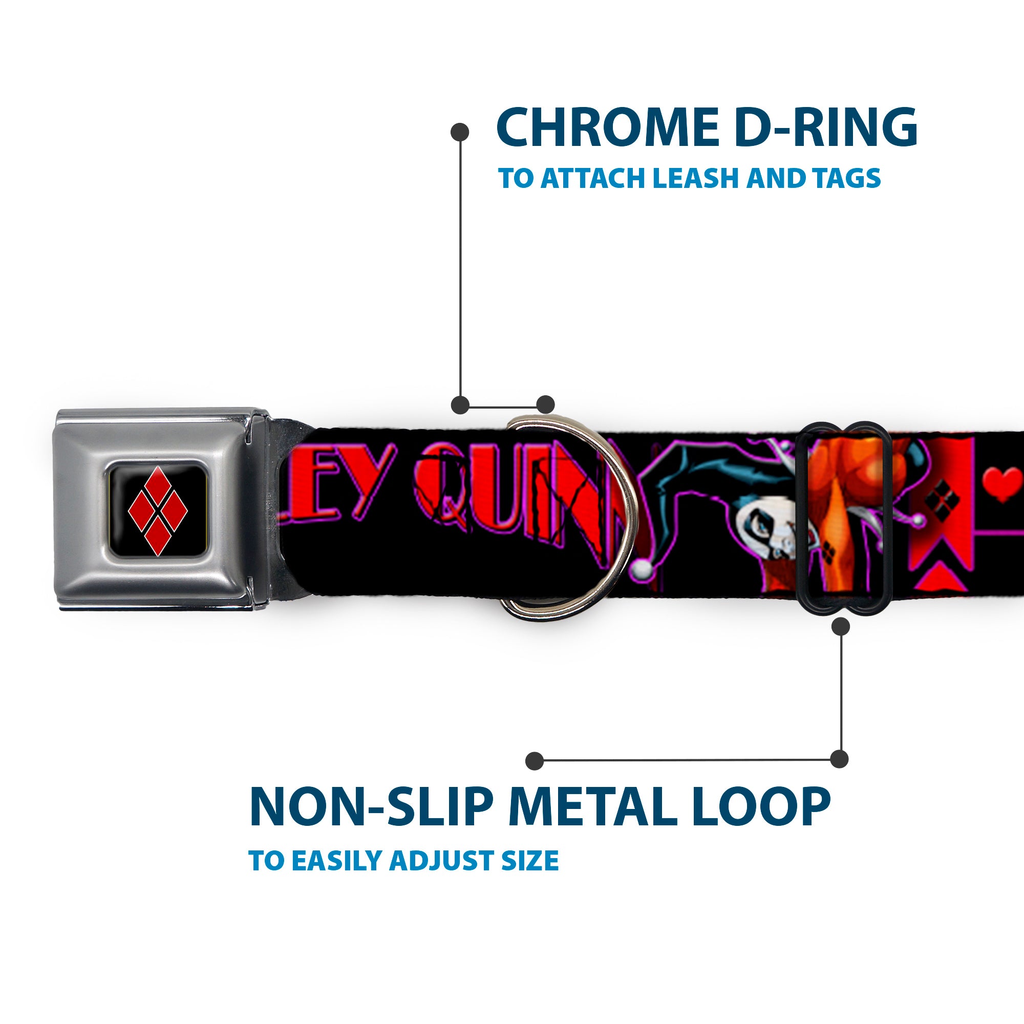 Harley Quinn Diamond Full Color Black Red Seatbelt Buckle Collar - HARLEY QUINN Bomb Poses/Suits Black/Purple/Red Seatbelt Buckle Collars DC Comics