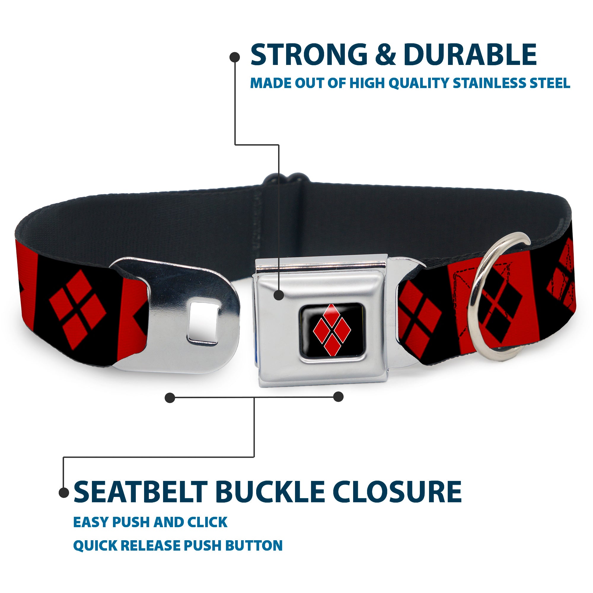 Harley Quinn Diamond Full Color Black Red Seatbelt Buckle Collar - Harley Quinn Diamond Blocks Red/Black Black/Red Seatbelt Buckle Collars DC Comics