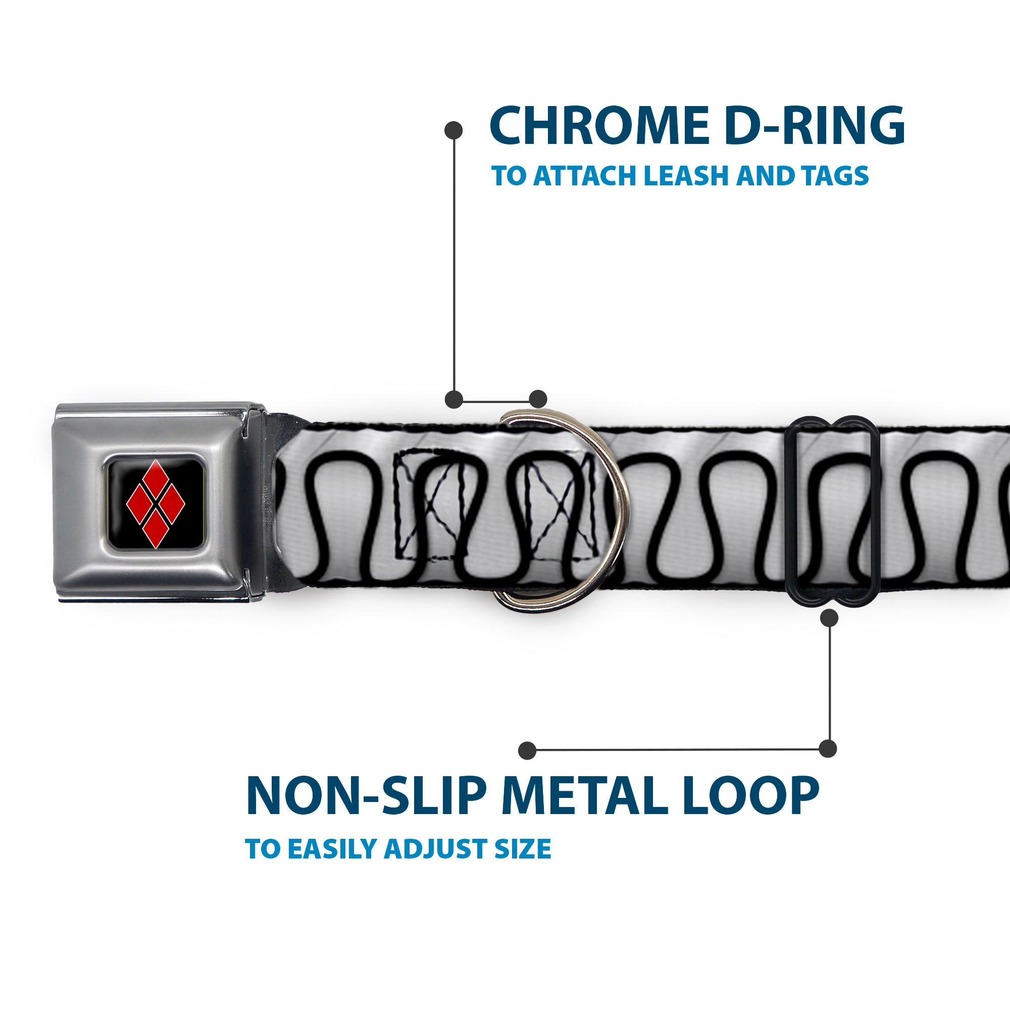 Harley Quinn Diamond Black/Red Seatbelt Buckle Collar - Harley Quinn's Collar Ruffle White/Black Seatbelt Buckle Collars DC Comics