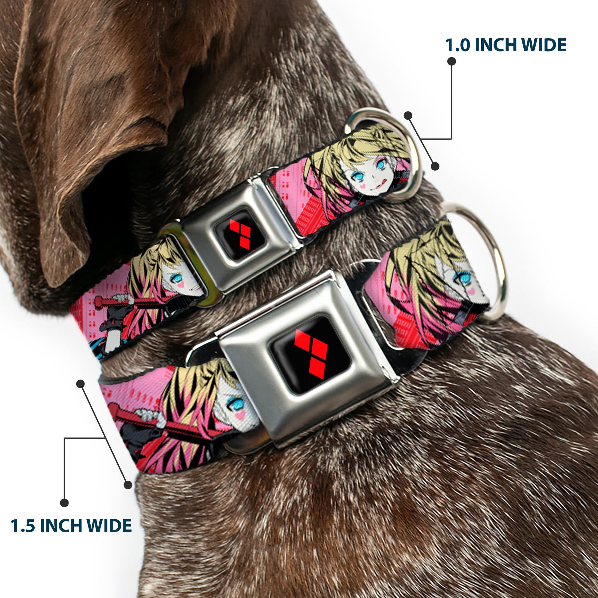 Harley Quinn Diamon Full Color Black/Red Seatbelt Buckle Collar - Harley Quinn Puddin Poses Anime Graphics Pink/Red Seatbelt Buckle Collars DC Comics