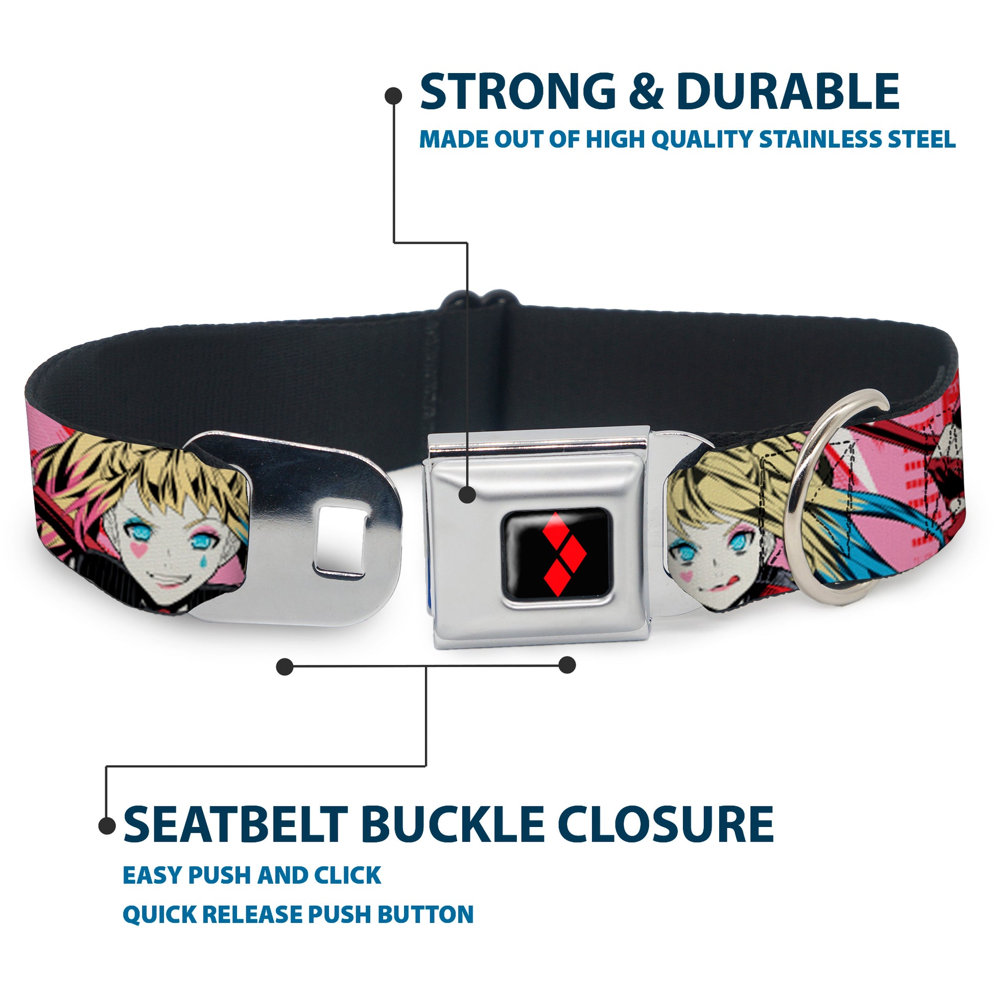 Harley Quinn Diamon Full Color Black/Red Seatbelt Buckle Collar - Harley Quinn Puddin Poses Anime Graphics Pink/Red Seatbelt Buckle Collars DC Comics