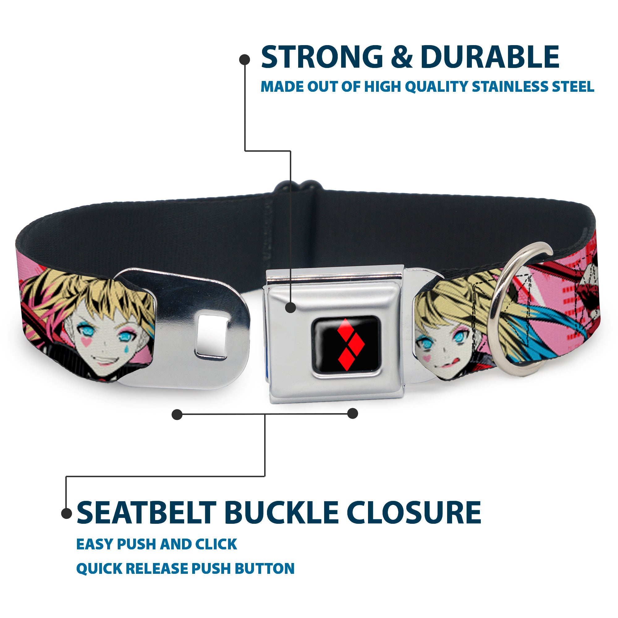 Harley Quinn Diamon Full Color Black/Red Seatbelt Buckle Collar - Harley Quinn Puddin Poses Anime Graphics Pink/Red Seatbelt Buckle Collars DC Comics