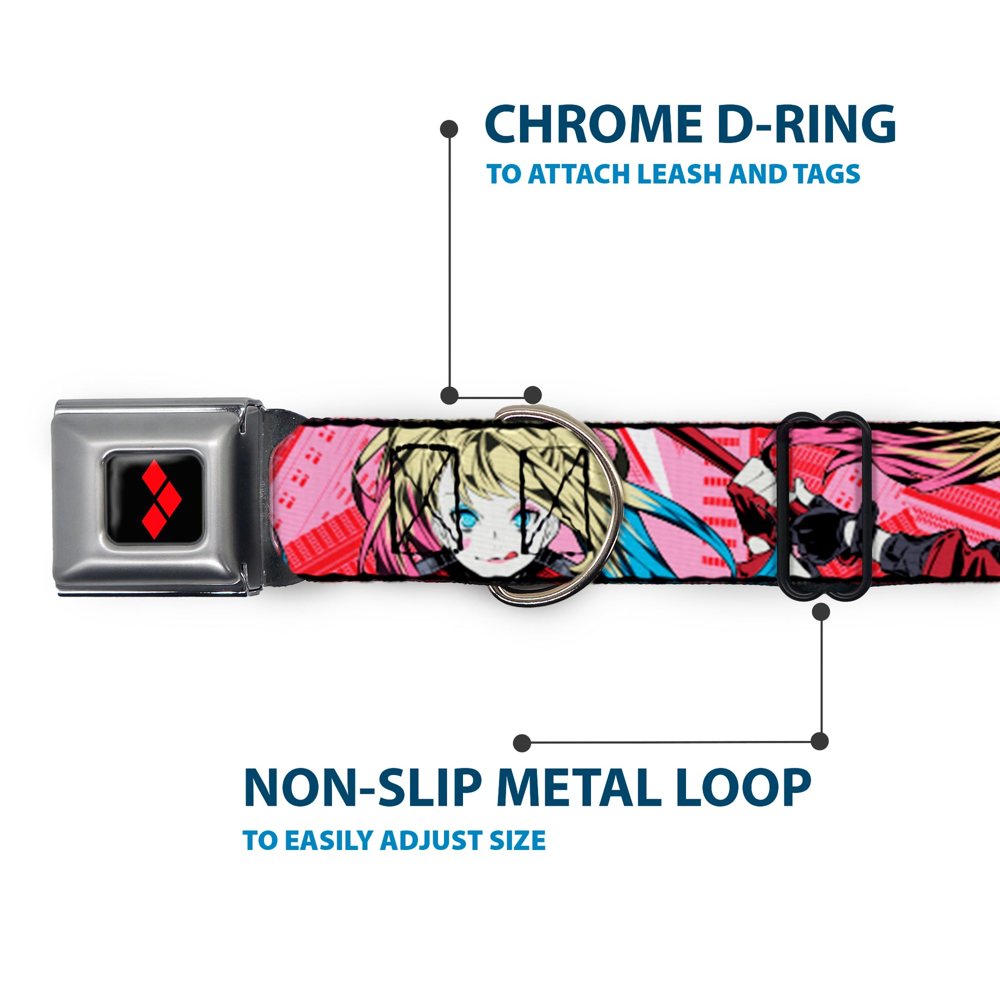 Harley Quinn Diamon Full Color Black/Red Seatbelt Buckle Collar - Harley Quinn Puddin Poses Anime Graphics Pink/Red Seatbelt Buckle Collars DC Comics