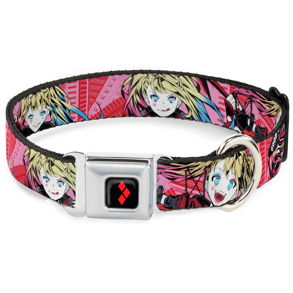 Harley Quinn Diamon Full Color Black/Red Seatbelt Buckle Collar - Harley Quinn Puddin Poses Anime Graphics Pink/Red Seatbelt Buckle Collars DC Comics