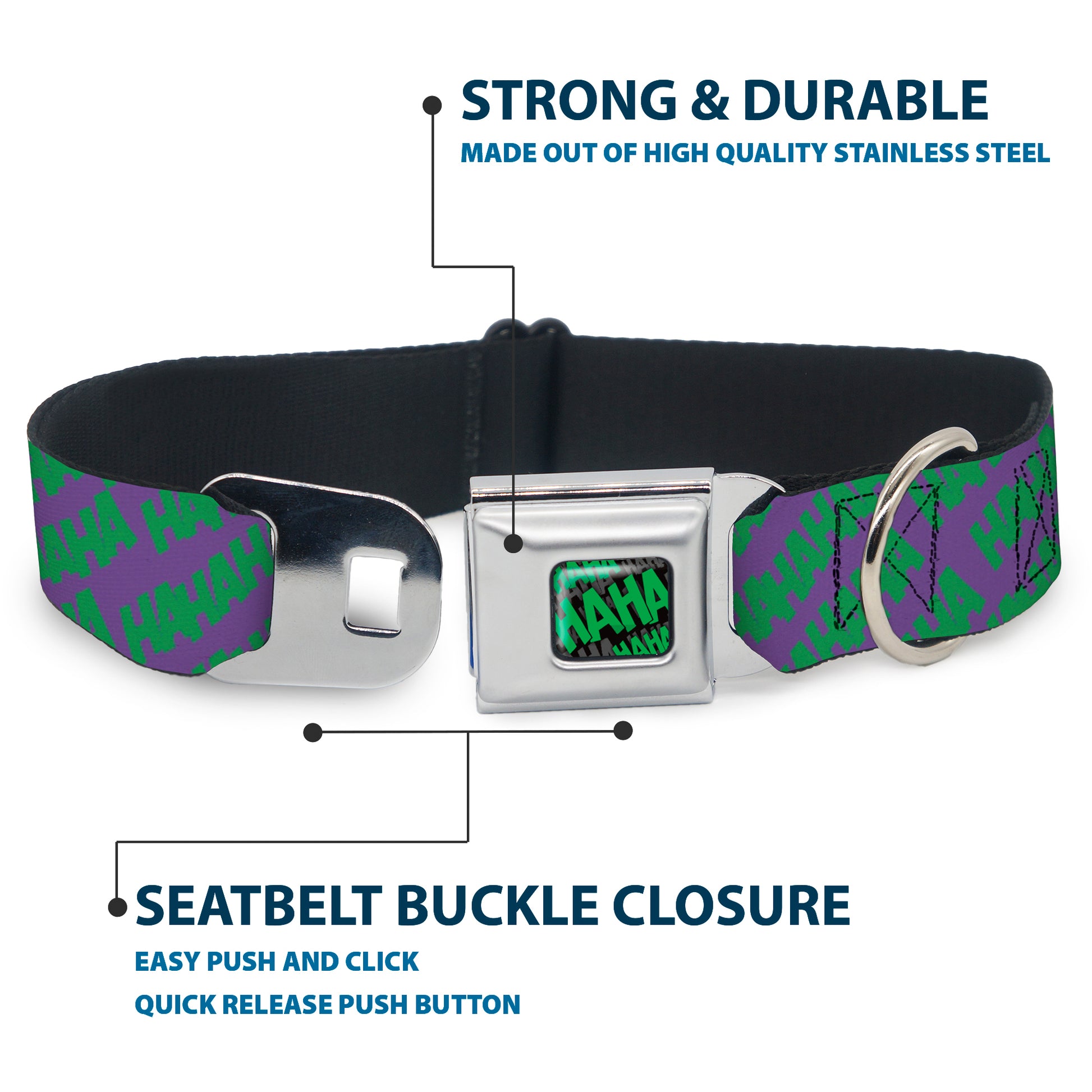 HAHA Stacked Full Color Black/Gray/Green Seatbelt Buckle Collar - Joker HAHAHA Purple/Green Seatbelt Buckle Collars DC Comics