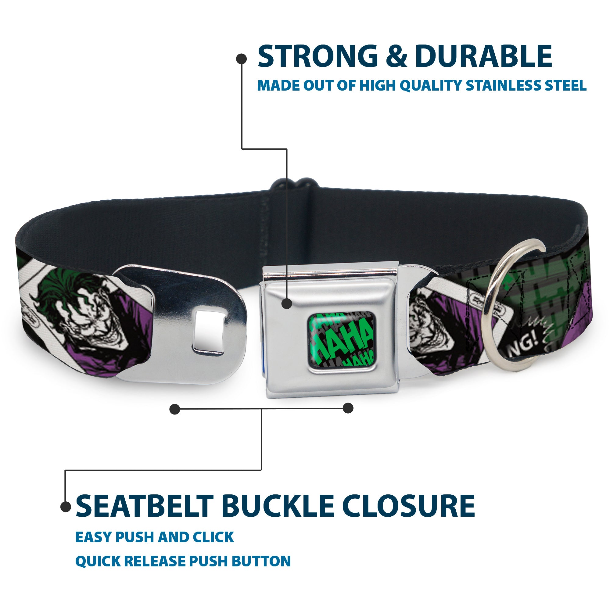 HAHA Stacked Full Color Black/Gray/Green Seatbelt Buckle Collar - The Joker 4-Poses/Joker Card HAHA/Smile/BANG! Grays/Greens/Purples Seatbelt Buckle Collars DC Comics