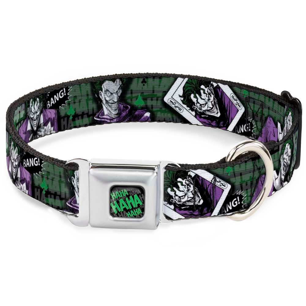 HAHA Stacked Full Color Black/Gray/Green Seatbelt Buckle Collar - The Joker 4-Poses/Joker Card HAHA/Smile/BANG! Grays/Greens/Purples Seatbelt Buckle Collars DC Comics