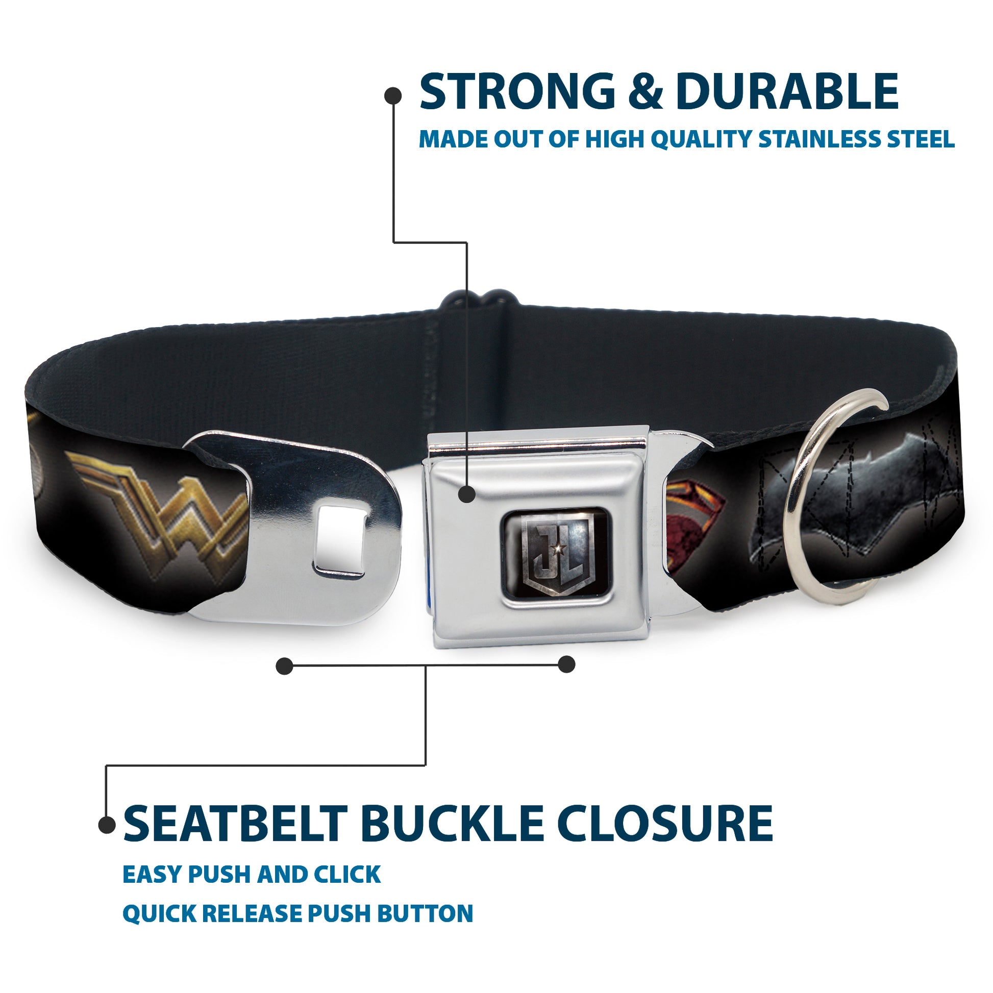 JL 2017 Badge Full Color Black/Grays Seatbelt Buckle Collar - Justice League 2017 6-Superhero Icons Black Seatbelt Buckle Collars DC Comics