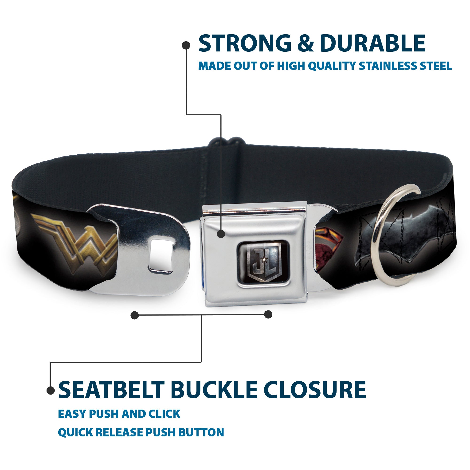 JL 2017 Badge Full Color Black/Grays Seatbelt Buckle Collar - Justice League 2017 6-Superhero Icons Black Seatbelt Buckle Collars DC Comics