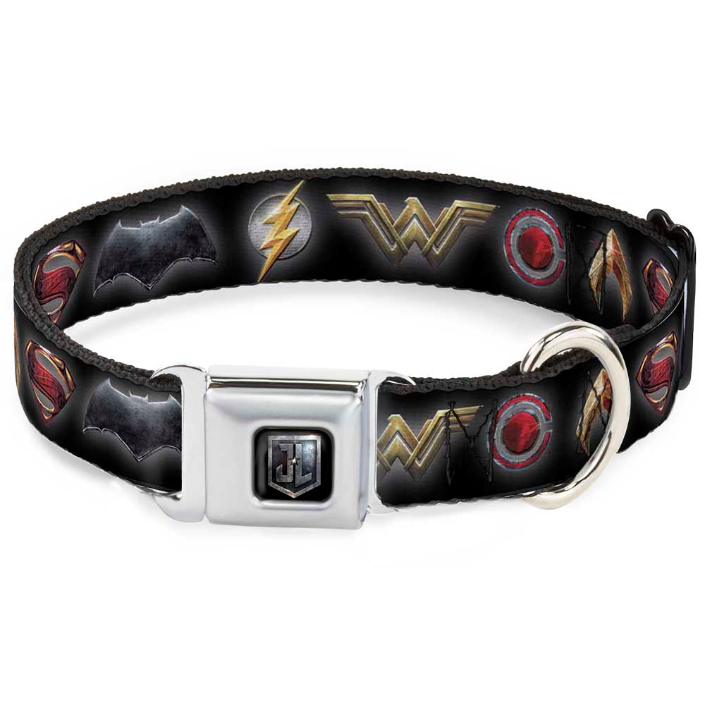 JL 2017 Badge Full Color Black/Grays Seatbelt Buckle Collar - Justice League 2017 6-Superhero Icons Black Seatbelt Buckle Collars DC Comics