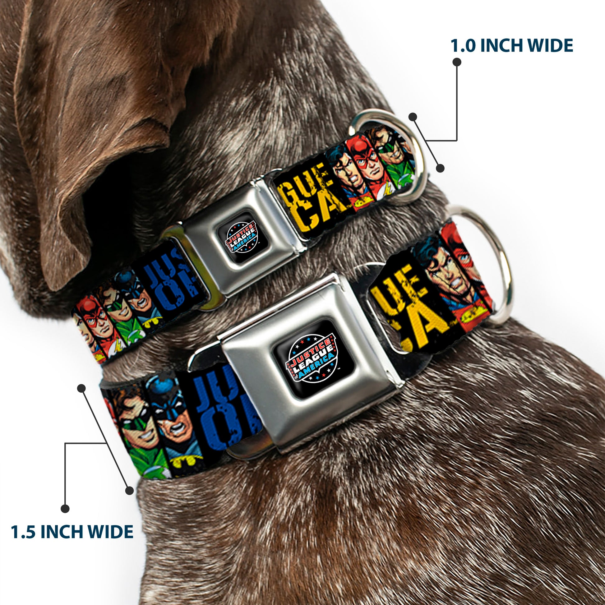 JUSTICE LEAGUE OF AMERICA Badge Black/White/Red/Blue Seatbelt Buckle Collar - JUSTICE LEAGUE OF AMERICA w/Superhero Blocks Black/Multi Color Seatbelt Buckle Collars DC Comics