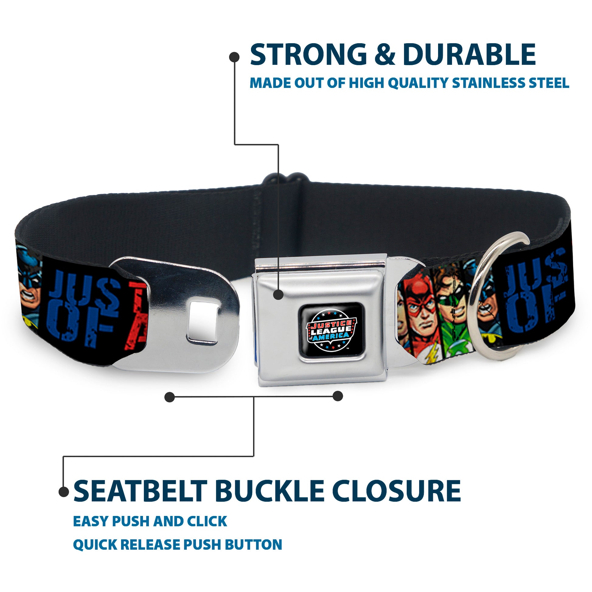 JUSTICE LEAGUE OF AMERICA Badge Black/White/Red/Blue Seatbelt Buckle Collar - JUSTICE LEAGUE OF AMERICA w/Superhero Blocks Black/Multi Color Seatbelt Buckle Collars DC Comics
