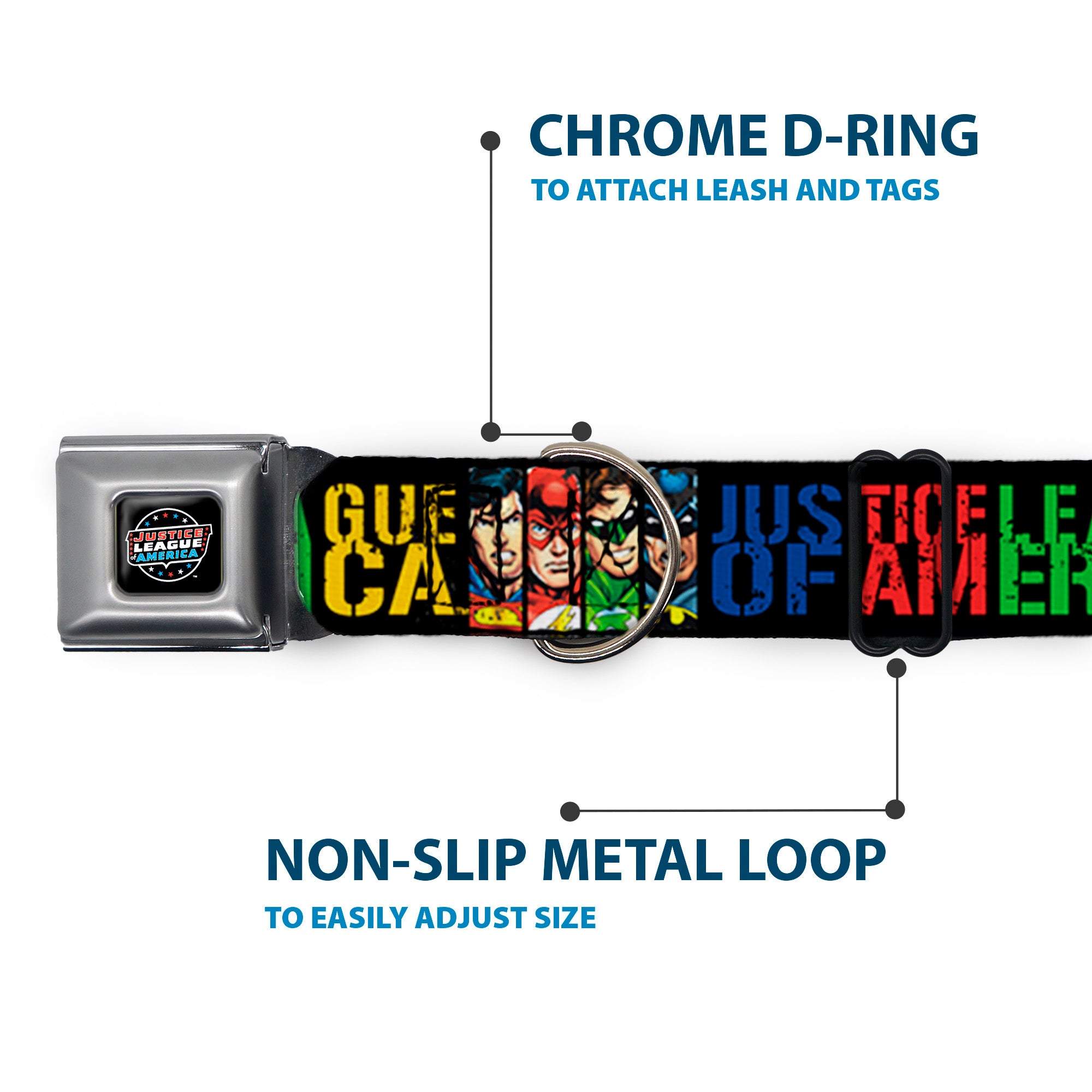 JUSTICE LEAGUE OF AMERICA Badge Black/White/Red/Blue Seatbelt Buckle Collar - JUSTICE LEAGUE OF AMERICA w/Superhero Blocks Black/Multi Color Seatbelt Buckle Collars DC Comics