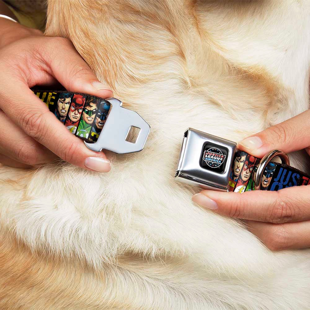 JUSTICE LEAGUE OF AMERICA Badge Black/White/Red/Blue Seatbelt Buckle Collar - JUSTICE LEAGUE OF AMERICA w/Superhero Blocks Black/Multi Color Seatbelt Buckle Collars DC Comics