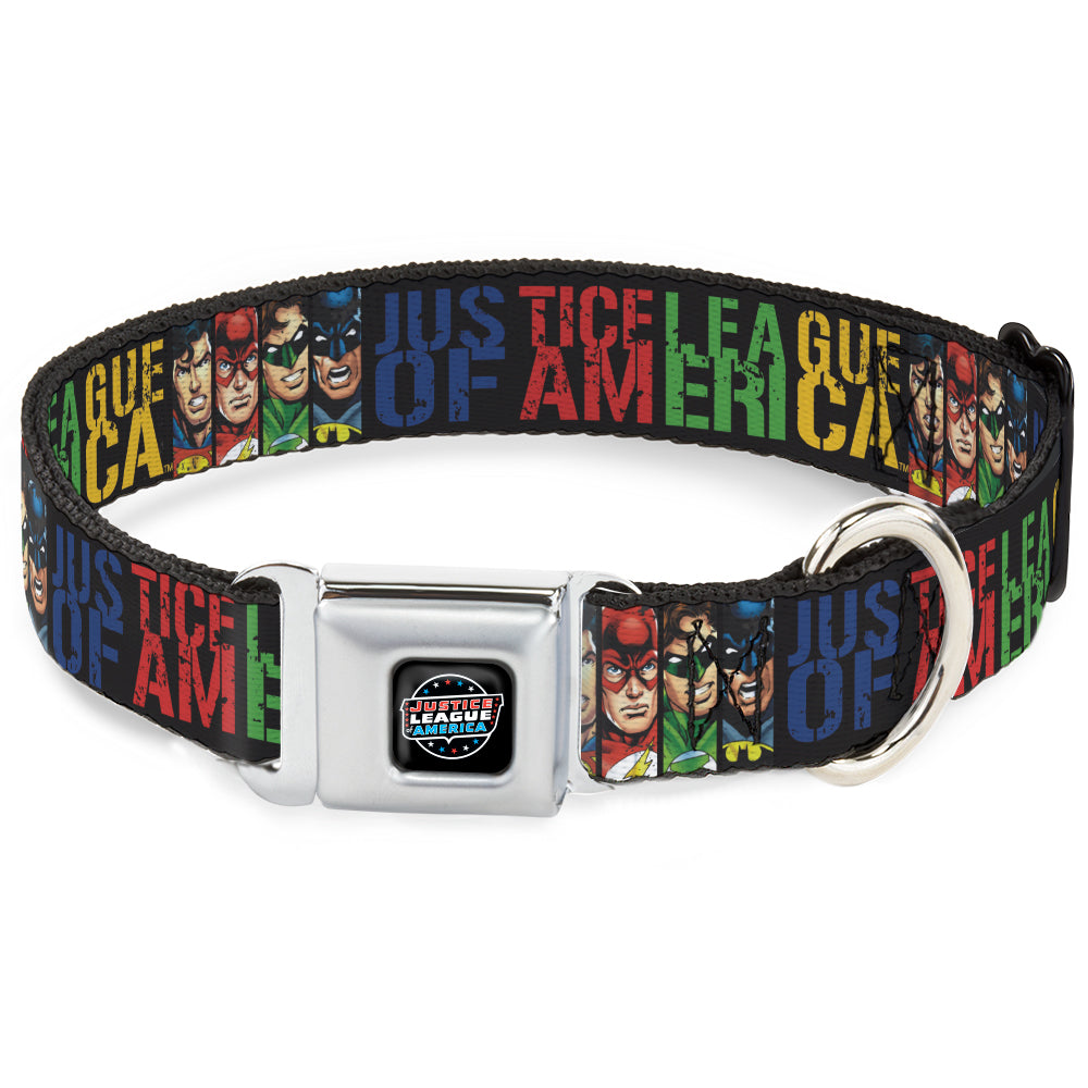 JUSTICE LEAGUE OF AMERICA Badge Black/White/Red/Blue Seatbelt Buckle Collar - JUSTICE LEAGUE OF AMERICA w/Superhero Blocks Black/Multi Color Seatbelt Buckle Collars DC Comics