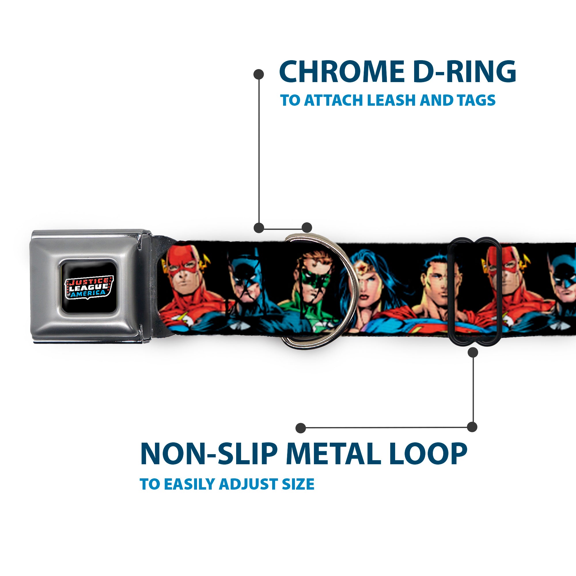 Justice League of America Black Full Color Seatbelt Buckle Collar - Justice League Elite Forces Superheroes Seatbelt Buckle Collars DC Comics