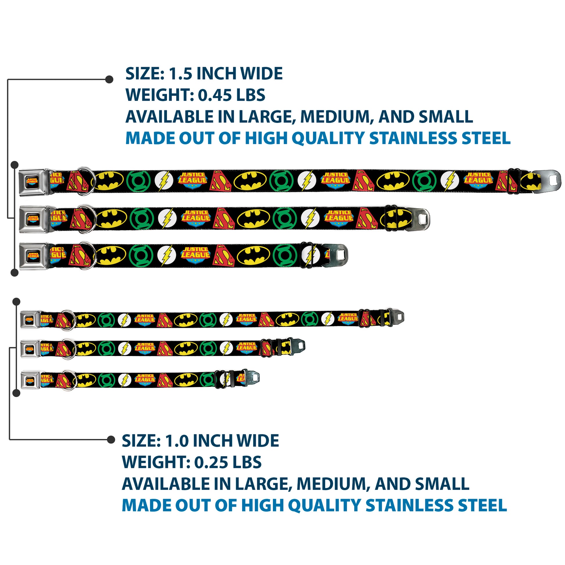 Justice League Shield Full Color Black Blue Red Yellow Seatbelt Buckle Collar - Justice League Superhero Logos CLOSE-UP Black Seatbelt Buckle Collars DC Comics