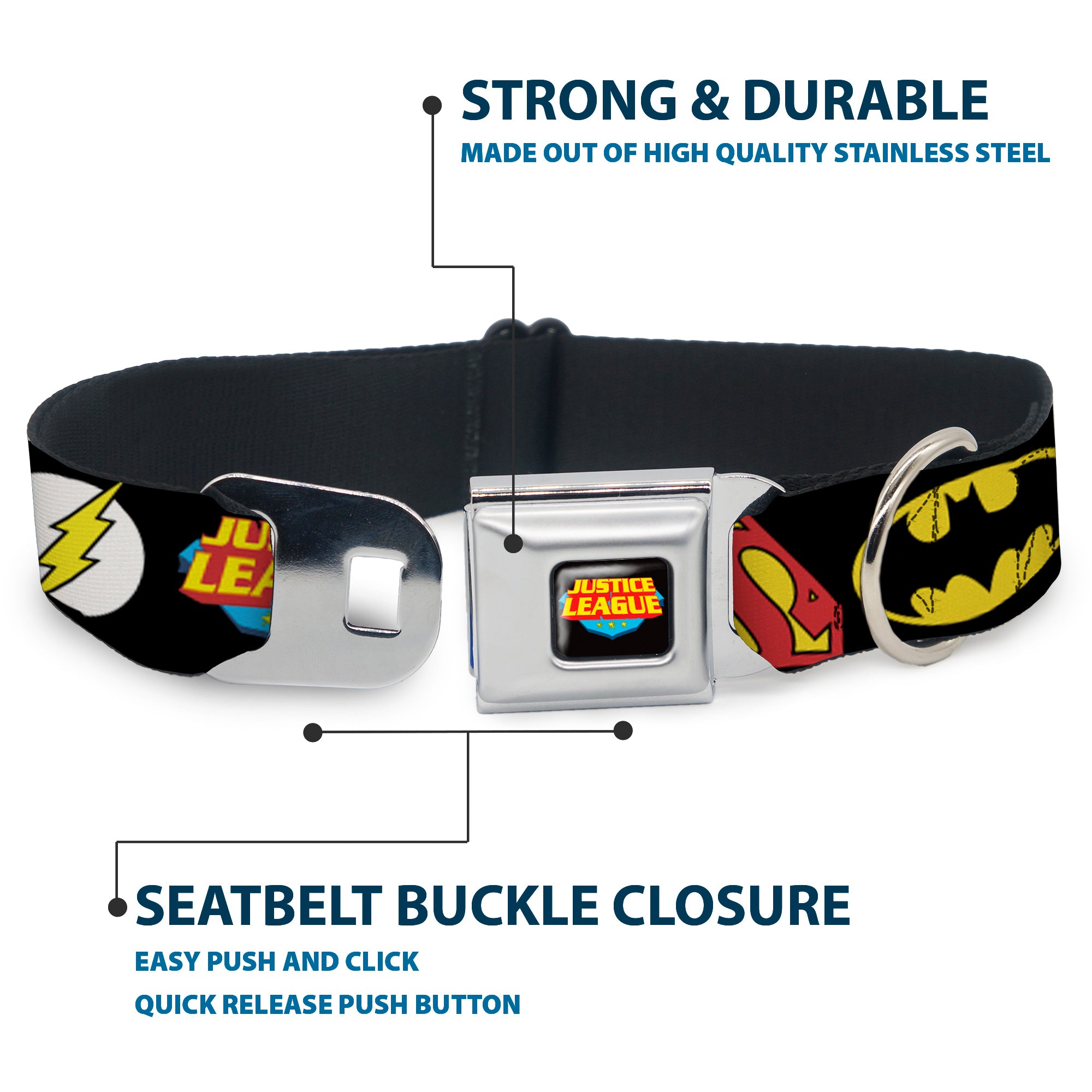 Justice League Shield Full Color Black Blue Red Yellow Seatbelt Buckle Collar - Justice League Superhero Logos CLOSE-UP Black Seatbelt Buckle Collars DC Comics