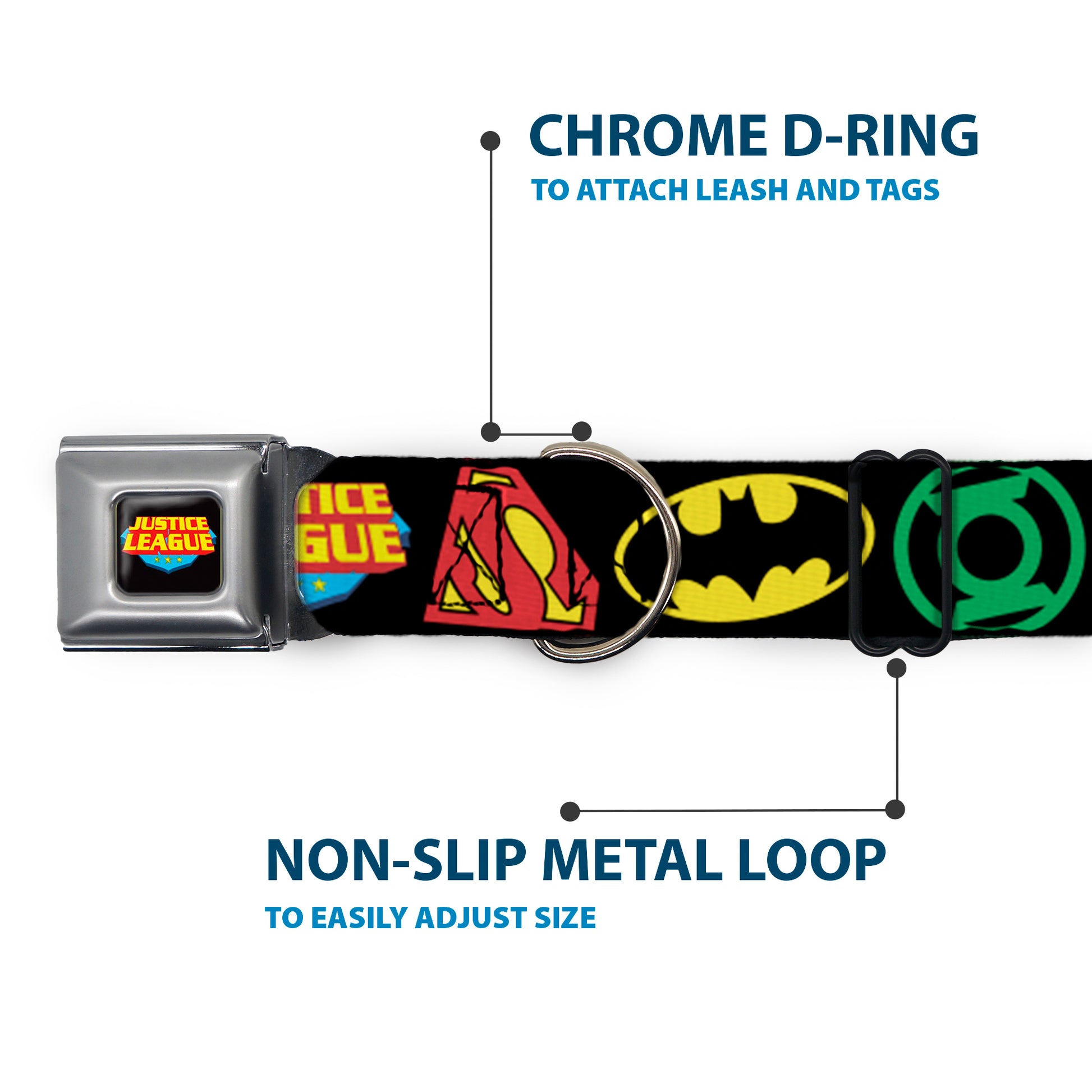 Justice League Shield Full Color Black Blue Red Yellow Seatbelt Buckle Collar - Justice League Superhero Logos CLOSE-UP Black Seatbelt Buckle Collars DC Comics