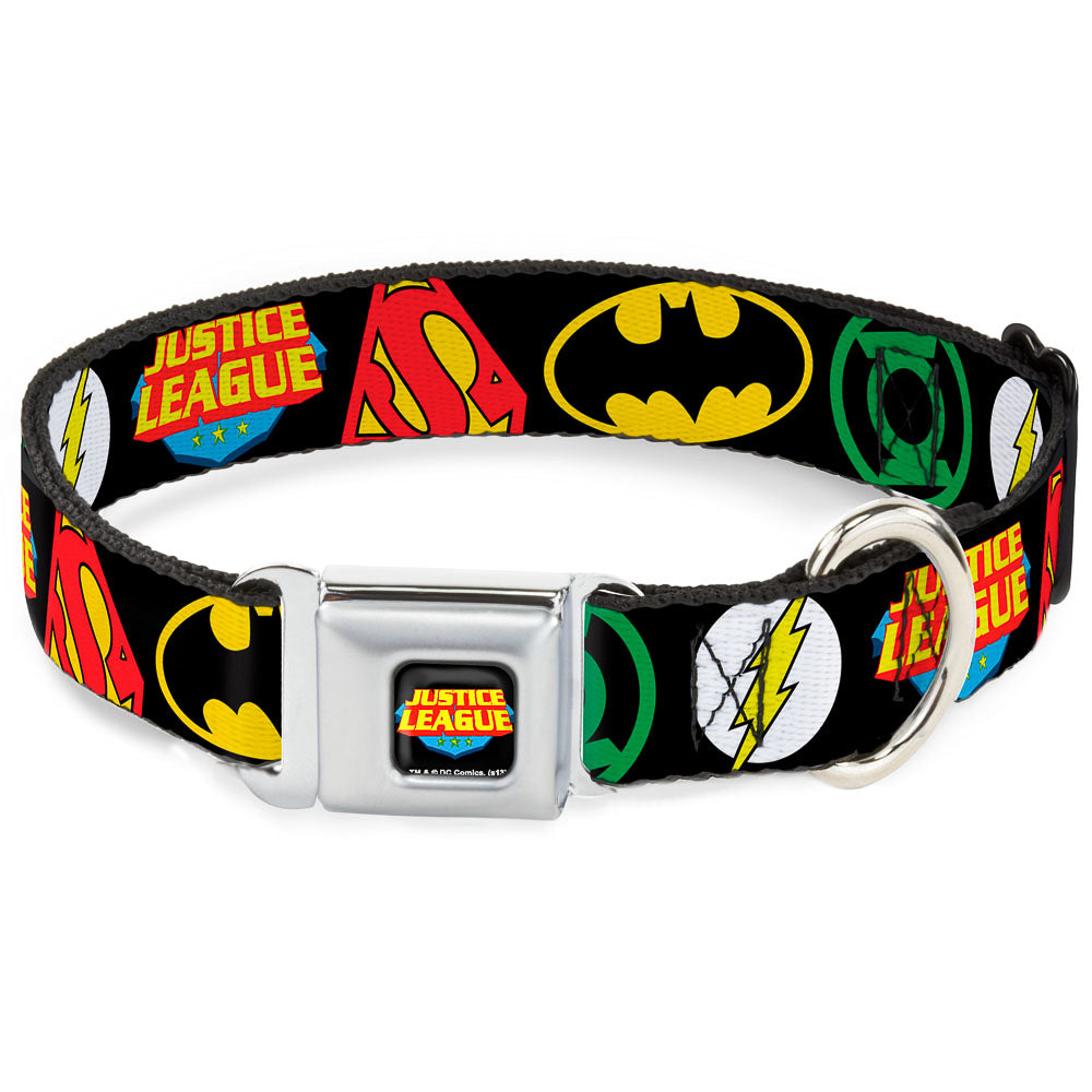 Justice League Shield Full Color Black Blue Red Yellow Seatbelt Buckle Collar - Justice League Superhero Logos CLOSE-UP Black Seatbelt Buckle Collars DC Comics
