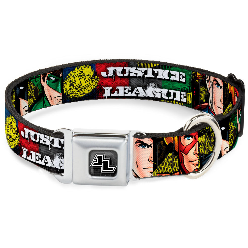 JL Logo Full Color Grays Black White Seatbelt Buckle Collar - JUSTICE LEAGUE Logo/4-Superhero Panels Pop Art Seatbelt Buckle Collars DC Comics