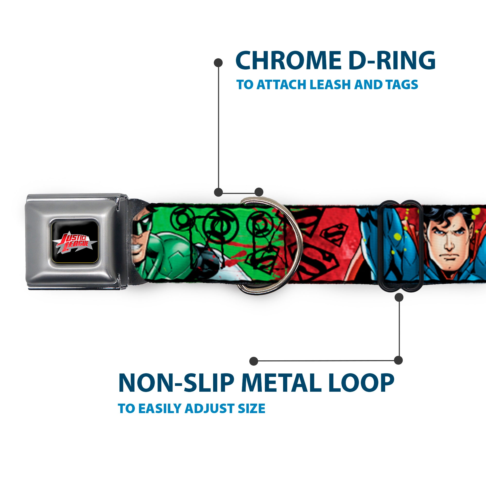 JUSTICE LEAGUE Star Logo Black/Silver-Fade/Red Seatbelt Buckle Collar - Justice League New 52 4-Superhero Poses/Scattered Logos Multi Color/Black Seatbelt Buckle Collars DC Comics