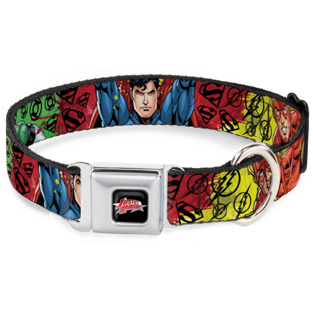 JUSTICE LEAGUE Star Logo Black/Silver-Fade/Red Seatbelt Buckle Collar - Justice League New 52 4-Superhero Poses/Scattered Logos Multi Color/Black Seatbelt Buckle Collars DC Comics