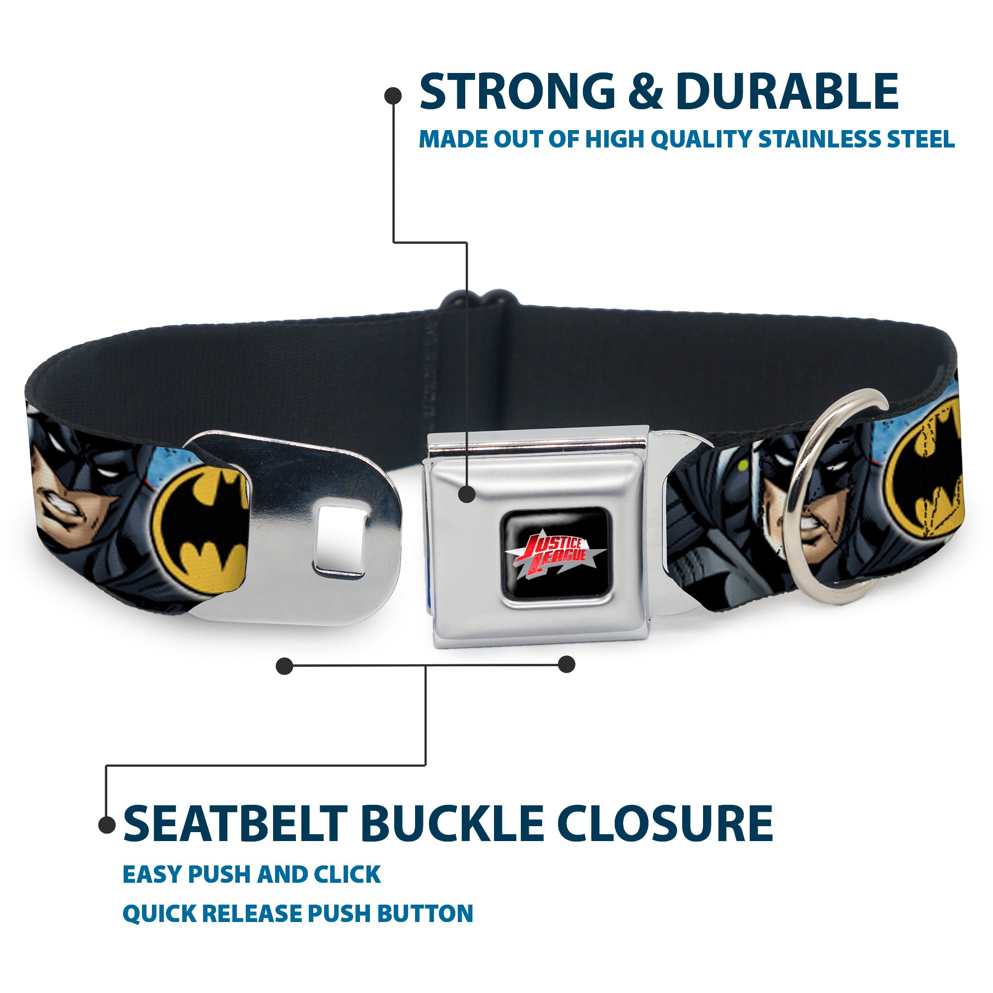 JUSTICE LEAGUE Star Logo Black/Silver-Fade/Red Seatbelt Buckle Collar - Justice League 4-Superhero CLOSE-UP Poses/Logos Seatbelt Buckle Collars DC Comics