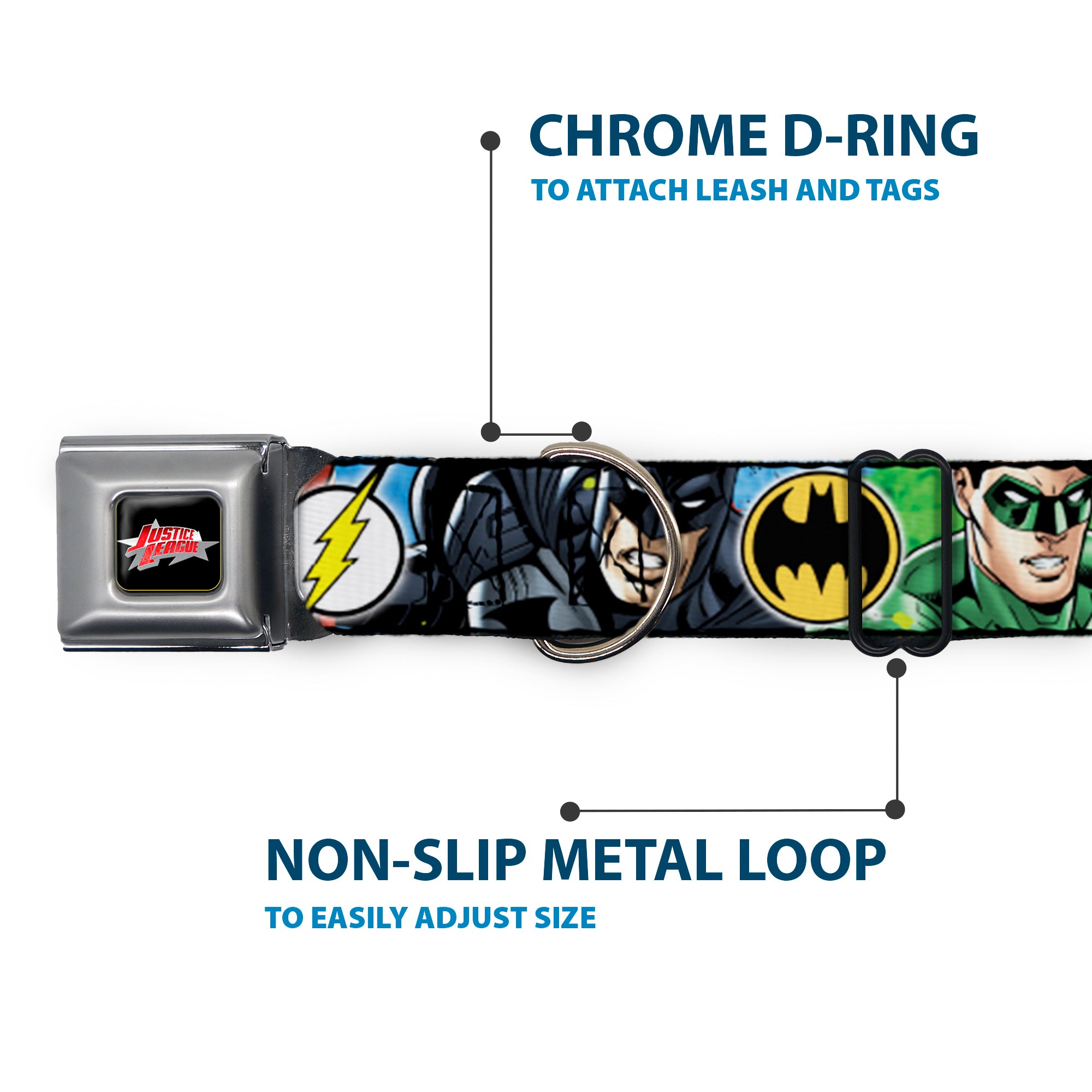 JUSTICE LEAGUE Star Logo Black/Silver-Fade/Red Seatbelt Buckle Collar - Justice League 4-Superhero CLOSE-UP Poses/Logos Seatbelt Buckle Collars DC Comics