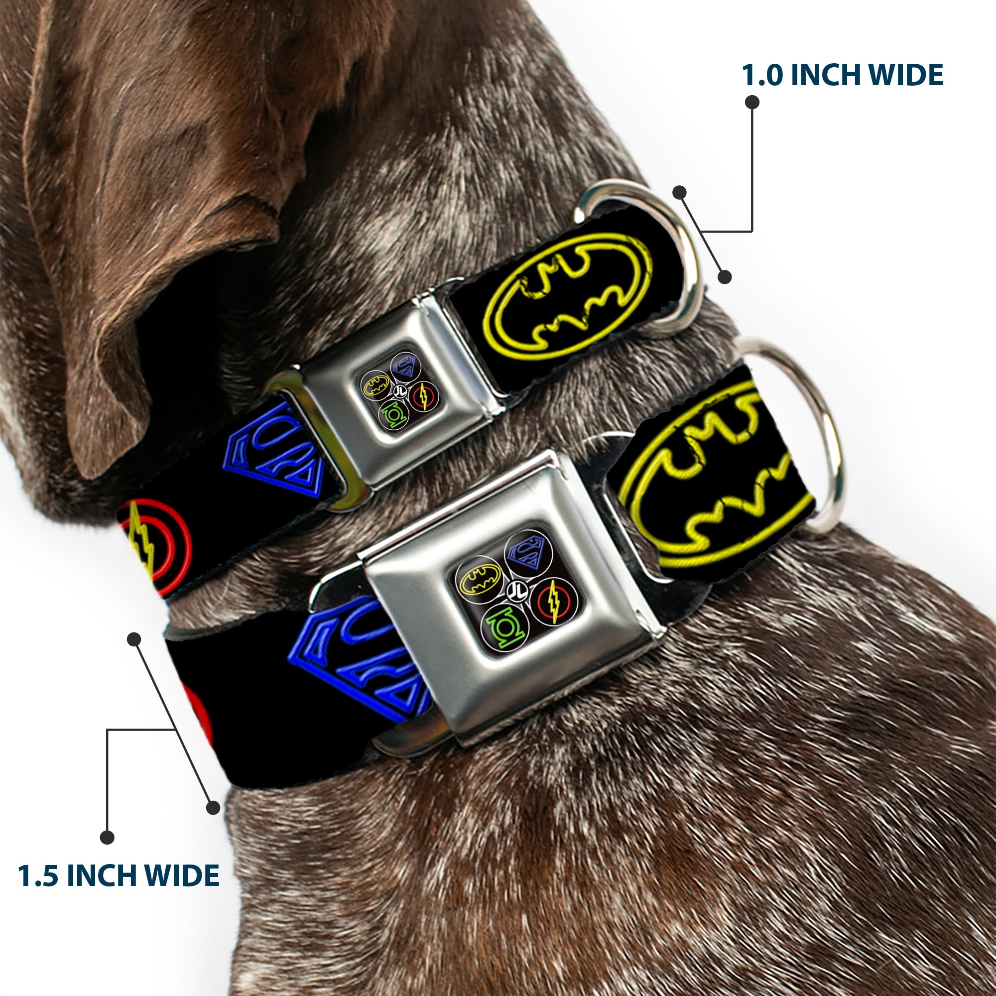 JL Electric Logos Full Color Black/Multi Neon Seatbelt Buckle Collar - Justice League Electric Logos Black/Multi Neon Seatbelt Buckle Collars DC Comics