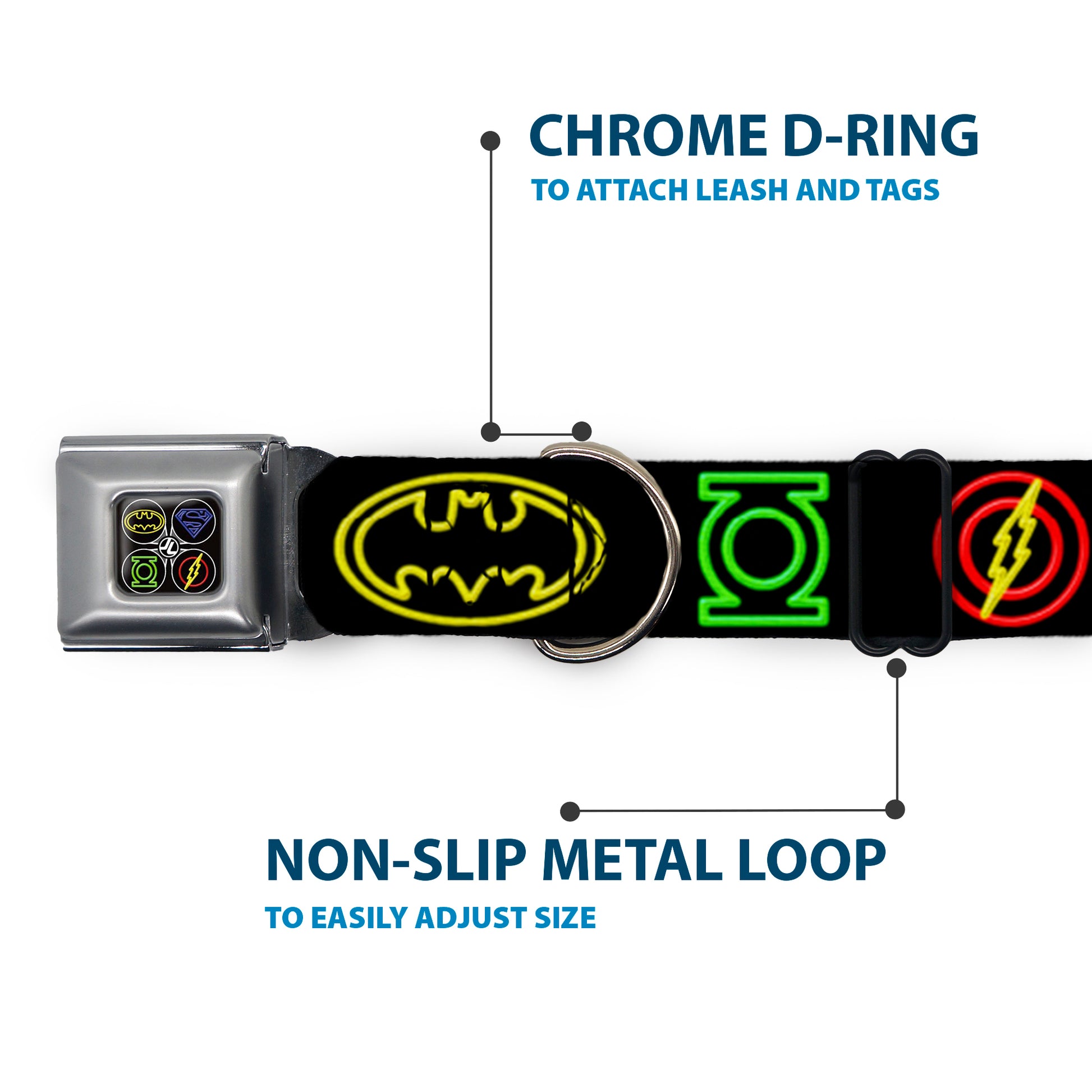 JL Electric Logos Full Color Black/Multi Neon Seatbelt Buckle Collar - Justice League Electric Logos Black/Multi Neon Seatbelt Buckle Collars DC Comics