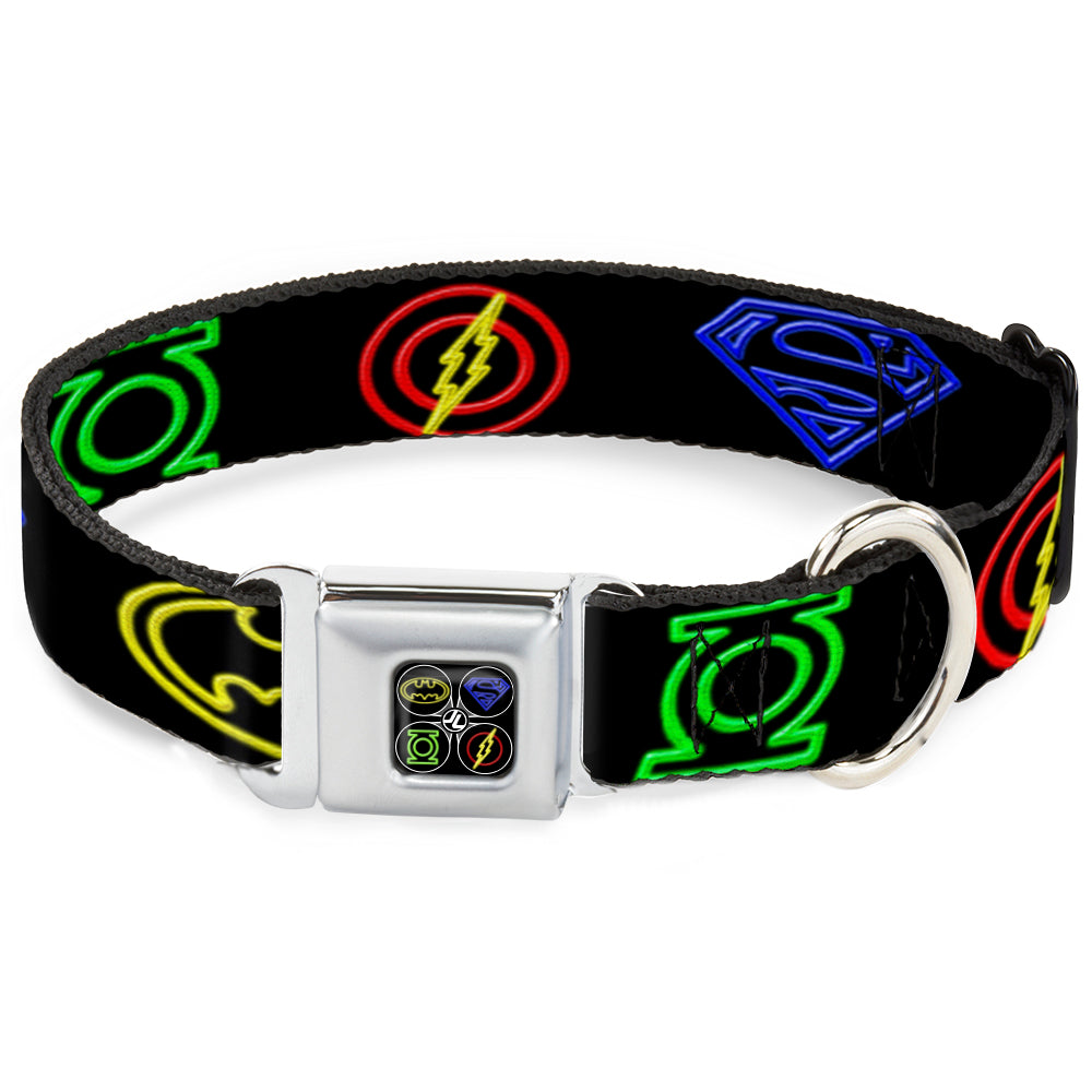 JL Electric Logos Full Color Black/Multi Neon Seatbelt Buckle Collar - Justice League Electric Logos Black/Multi Neon Seatbelt Buckle Collars DC Comics