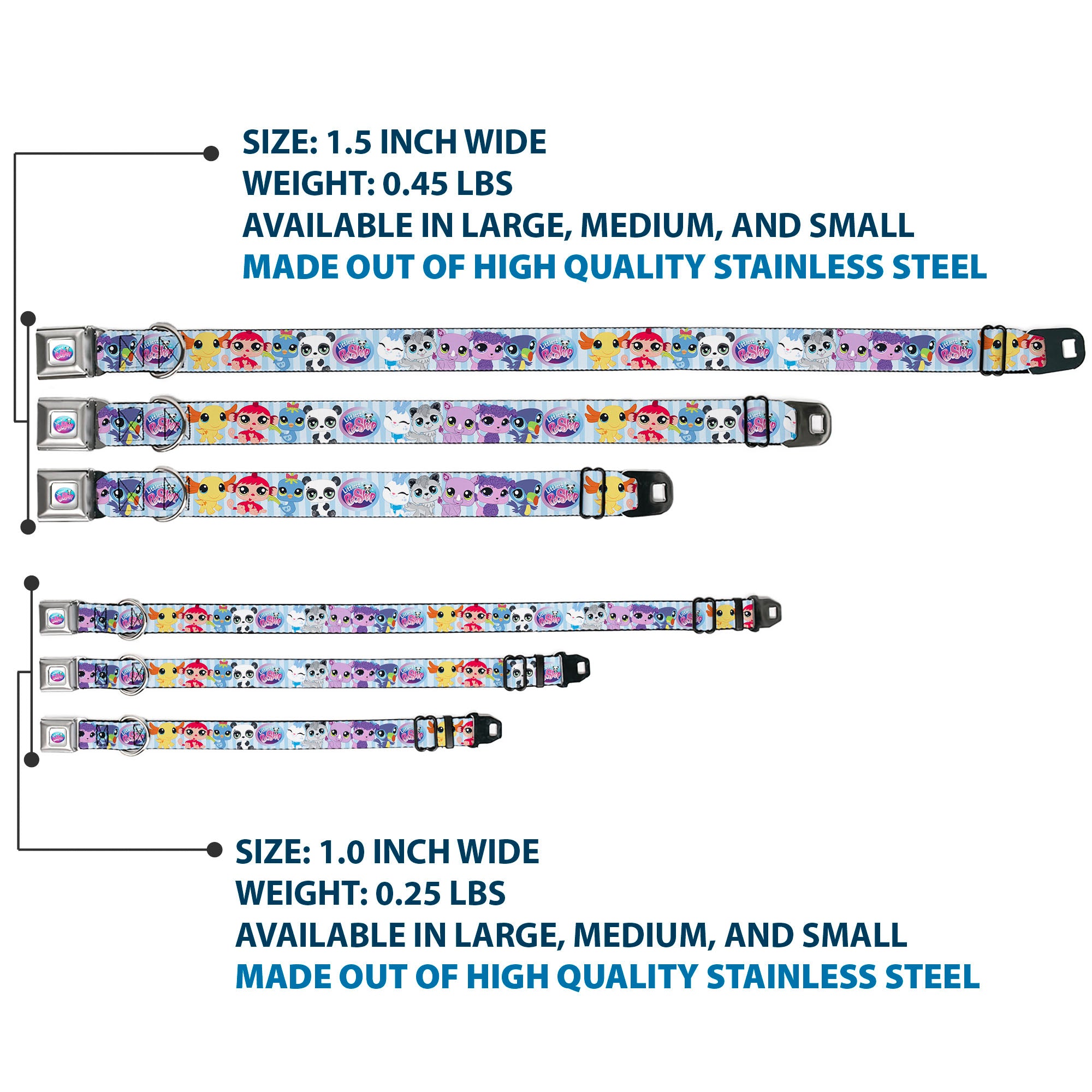 LITTLEST PET SHOP Logo Full Color Gray/Multi Color Seatbelt Buckle Collar - LITTLEST PET SHOP Animal Poses Stripe Blues Seatbelt Buckle Collars Littlest Pet Shop