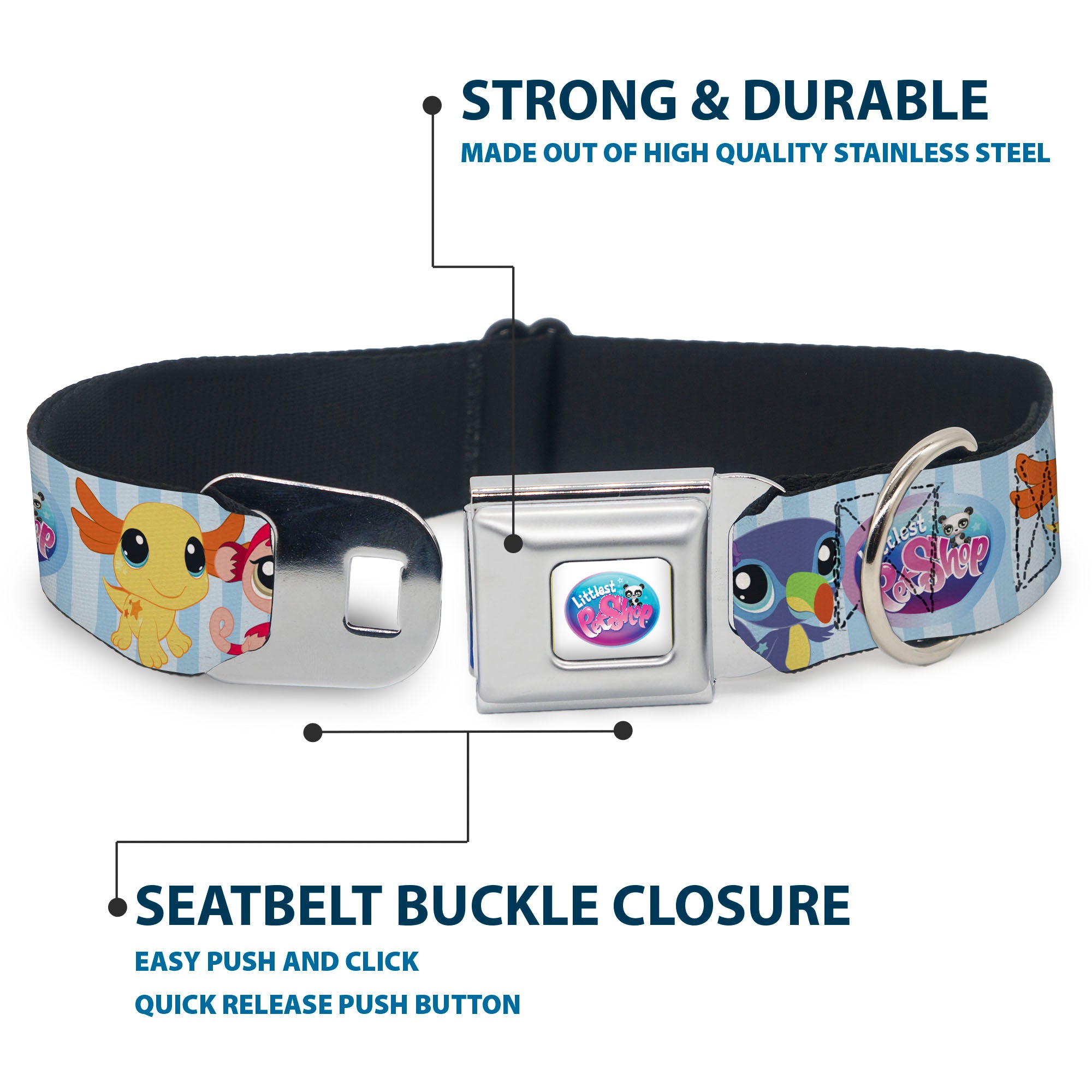LITTLEST PET SHOP Logo Full Color Gray/Multi Color Seatbelt Buckle Collar - LITTLEST PET SHOP Animal Poses Stripe Blues Seatbelt Buckle Collars Littlest Pet Shop