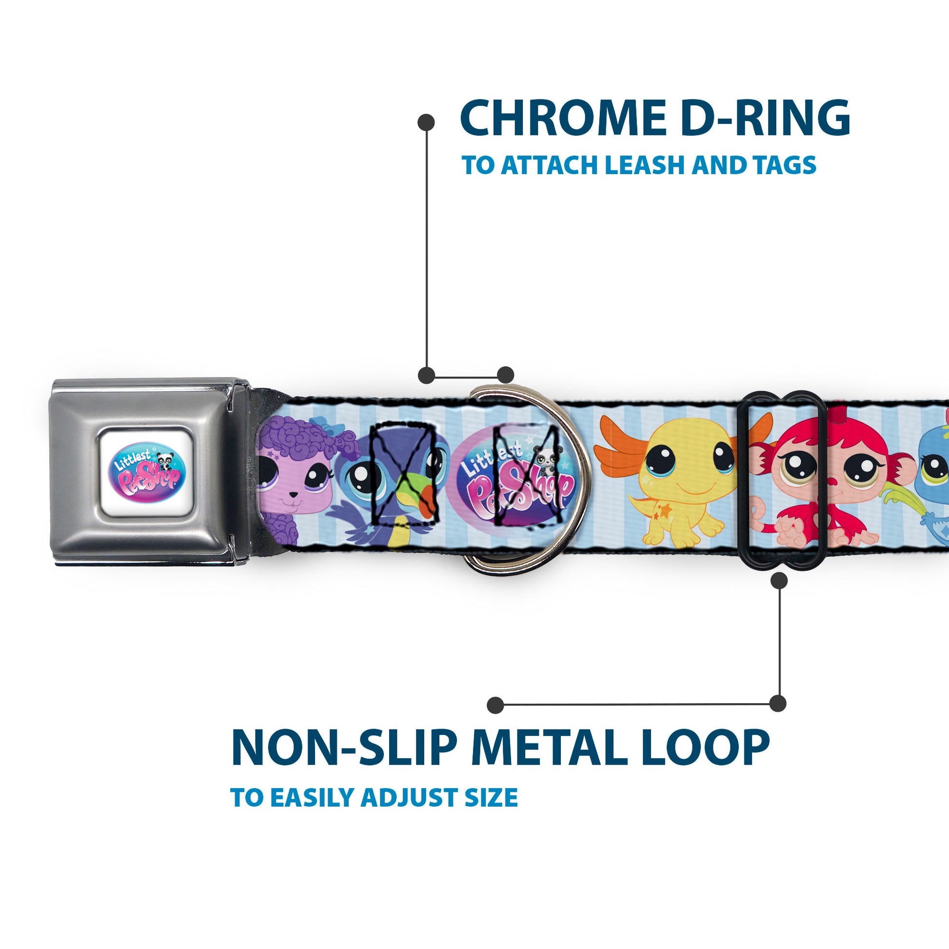 LITTLEST PET SHOP Logo Full Color Gray/Multi Color Seatbelt Buckle Collar - LITTLEST PET SHOP Animal Poses Stripe Blues Seatbelt Buckle Collars Littlest Pet Shop