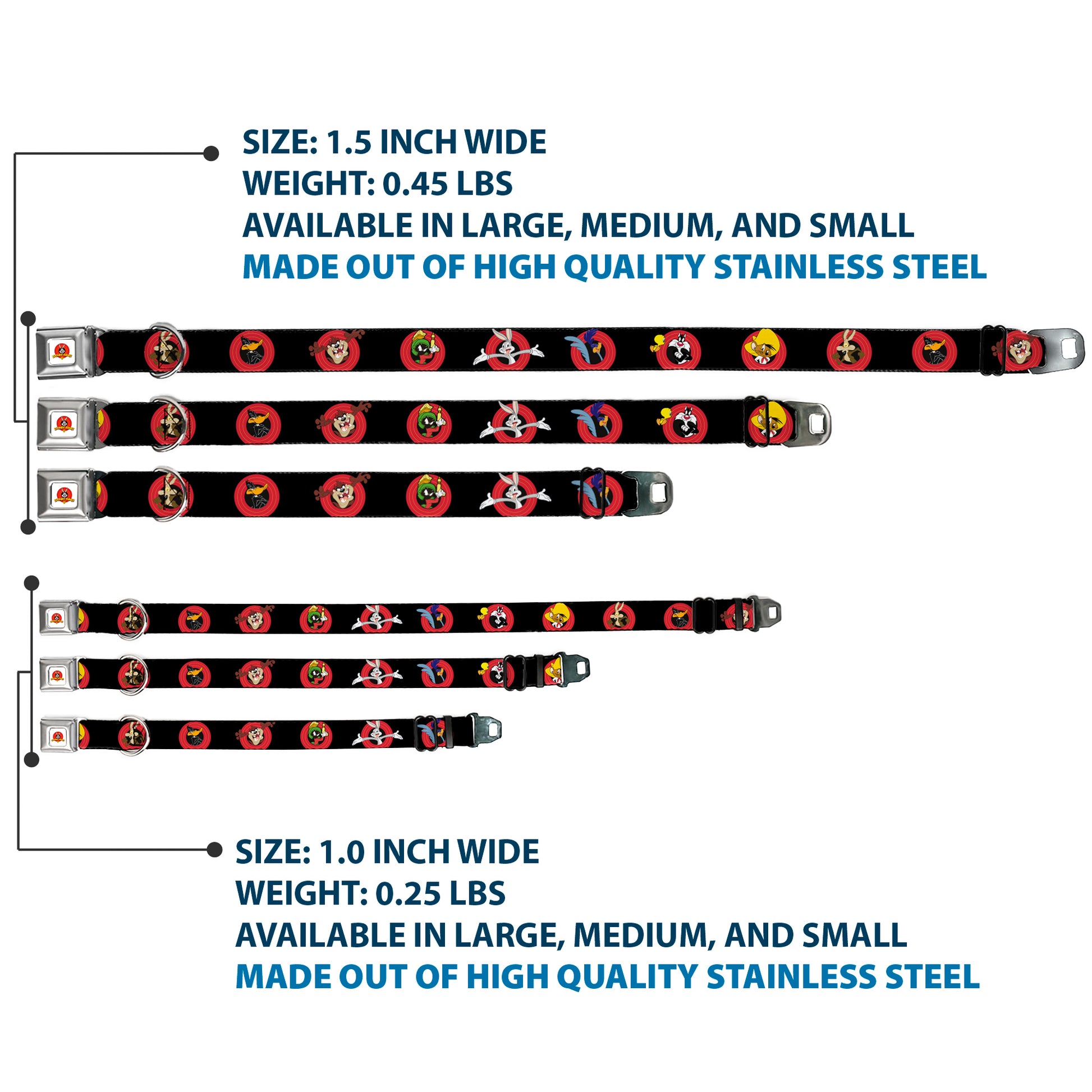 Looney Tunes Logo Full Color White Seatbelt Buckle Collar - Looney Tunes Characters Bullseye Pose Black Seatbelt Buckle Collars Looney Tunes