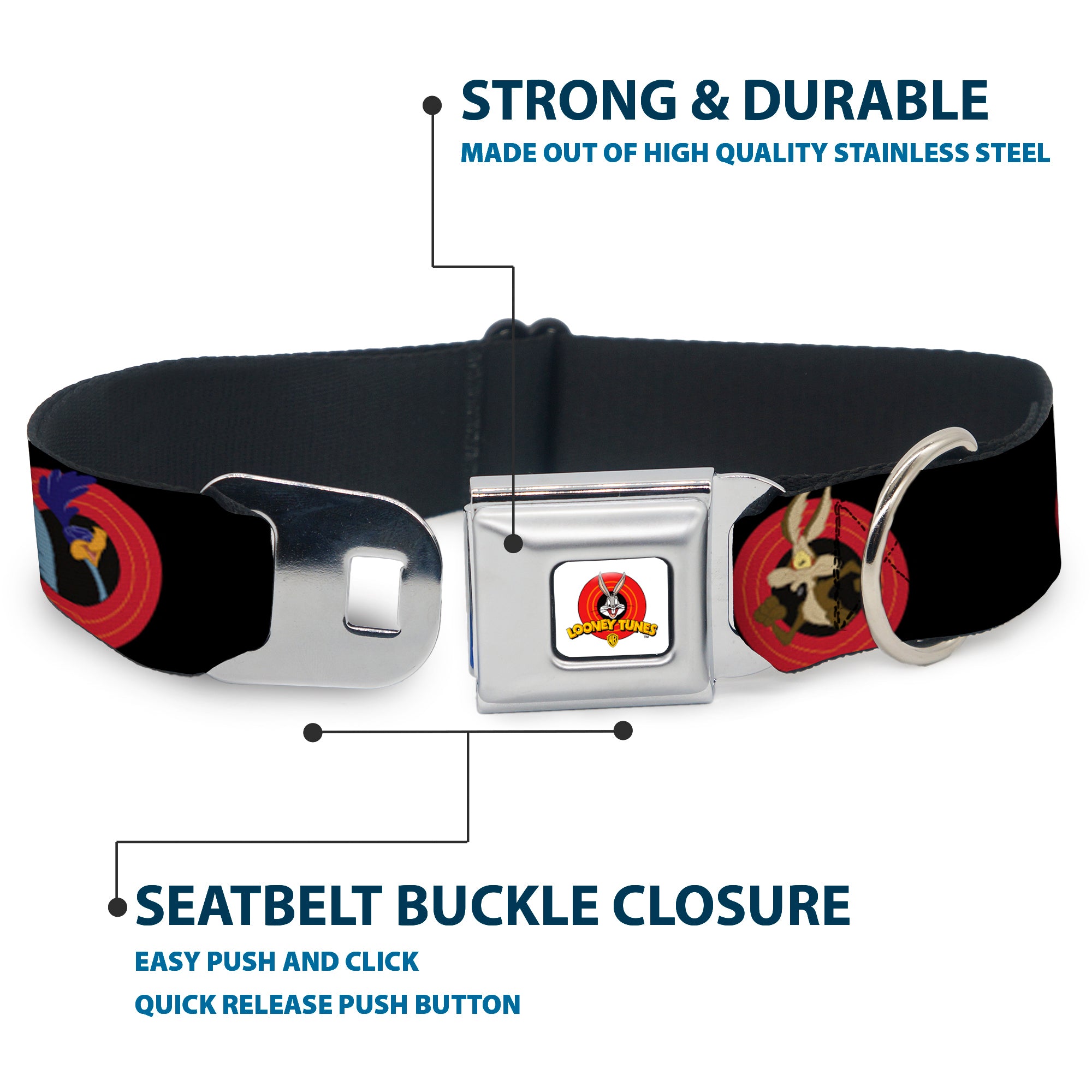 Looney Tunes Logo Full Color White Seatbelt Buckle Collar - Looney Tunes Characters Bullseye Pose Black Seatbelt Buckle Collars Looney Tunes
