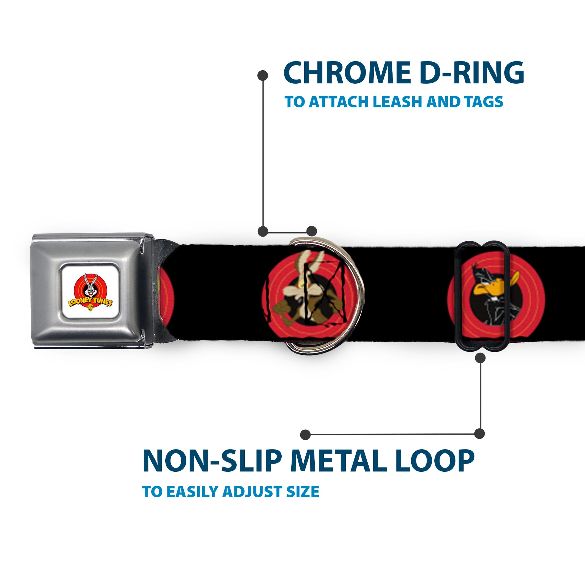 Looney Tunes Logo Full Color White Seatbelt Buckle Collar - Looney Tunes Characters Bullseye Pose Black Seatbelt Buckle Collars Looney Tunes