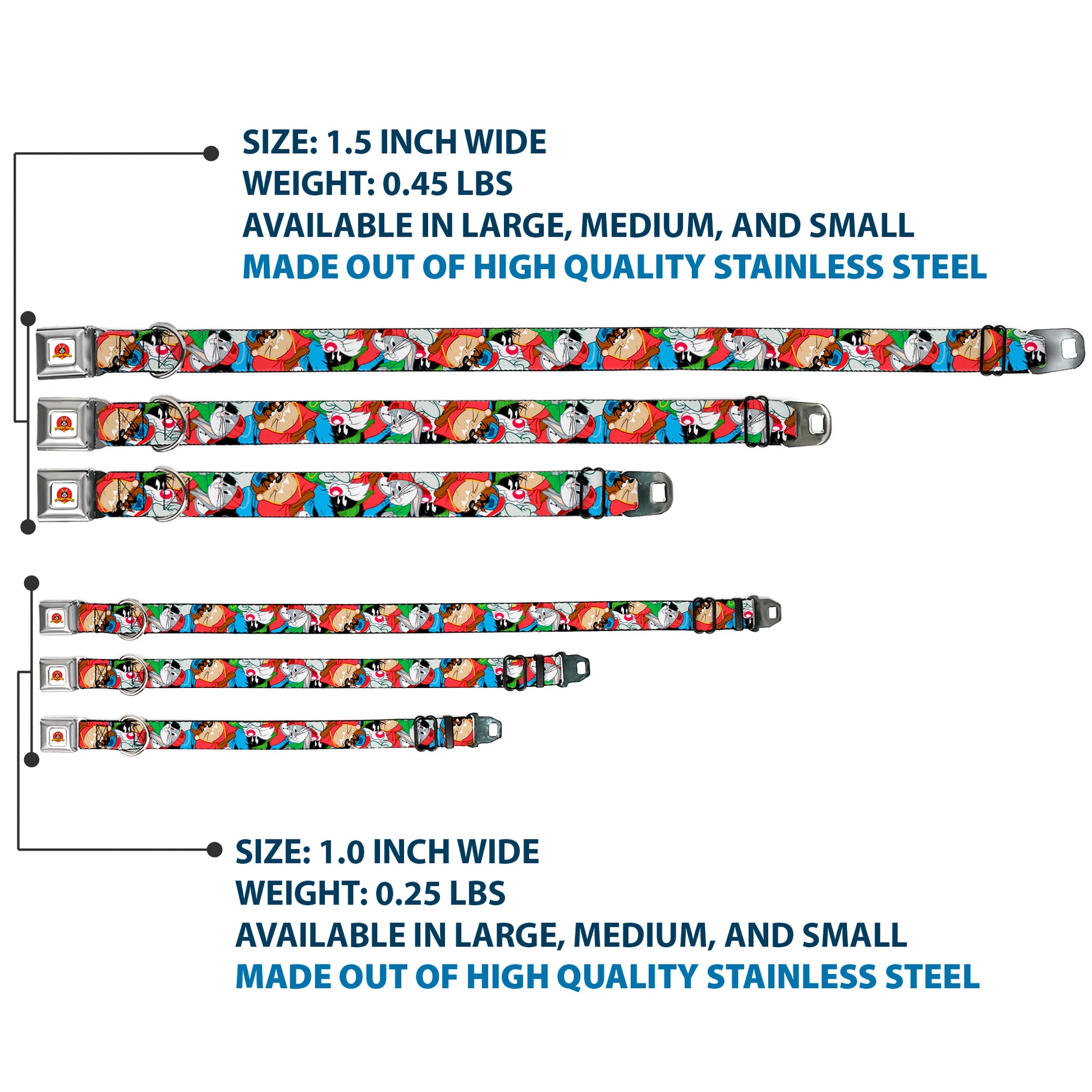 Looney Tunes Logo White Seatbelt Buckle Collar - Looney Tunes 3-B-Boy Stance Character Poses Stacked Seatbelt Buckle Collars Looney Tunes