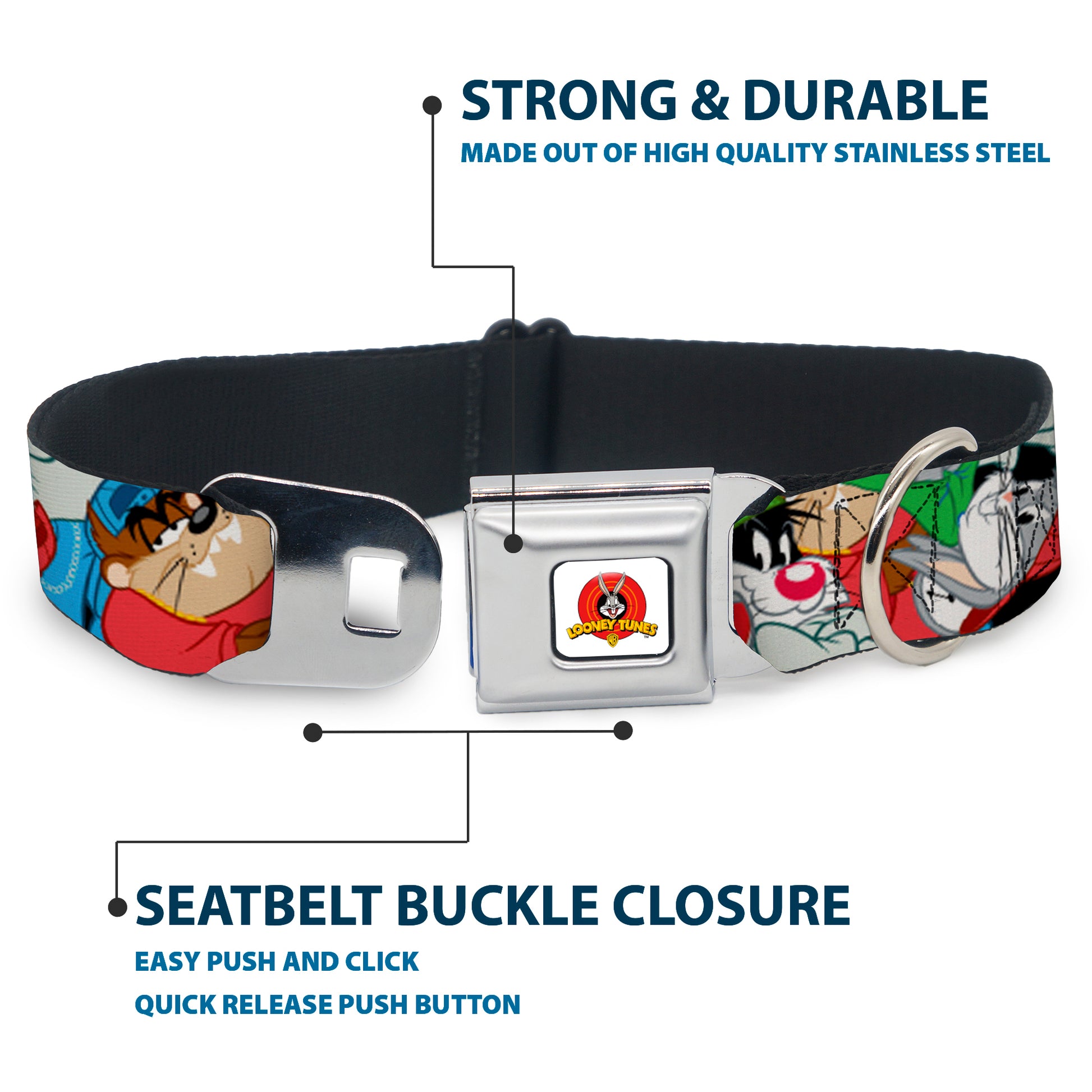 Looney Tunes Logo White Seatbelt Buckle Collar - Looney Tunes 3-B-Boy Stance Character Poses Stacked Seatbelt Buckle Collars Looney Tunes