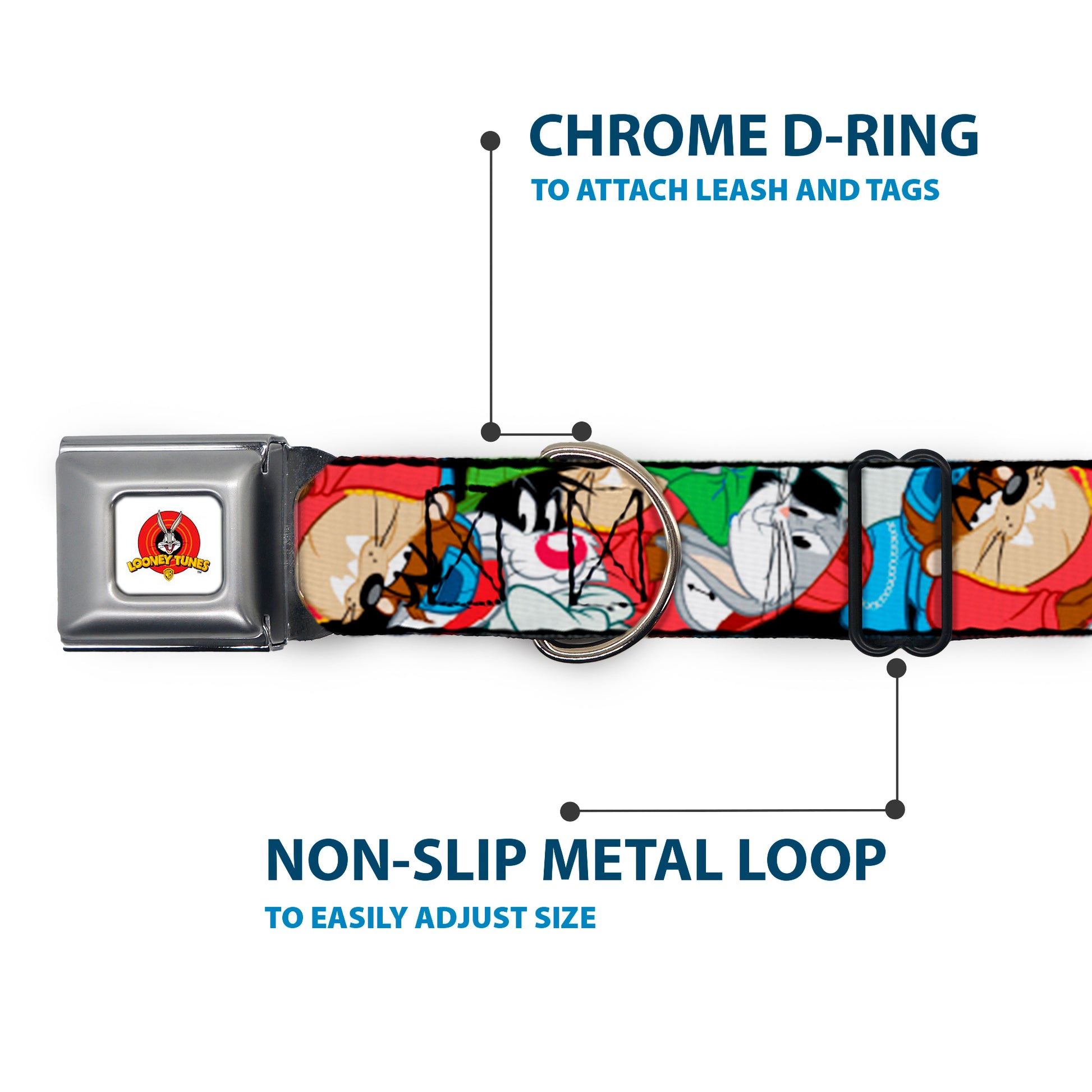 Looney Tunes Logo White Seatbelt Buckle Collar - Looney Tunes 3-B-Boy Stance Character Poses Stacked Seatbelt Buckle Collars Looney Tunes