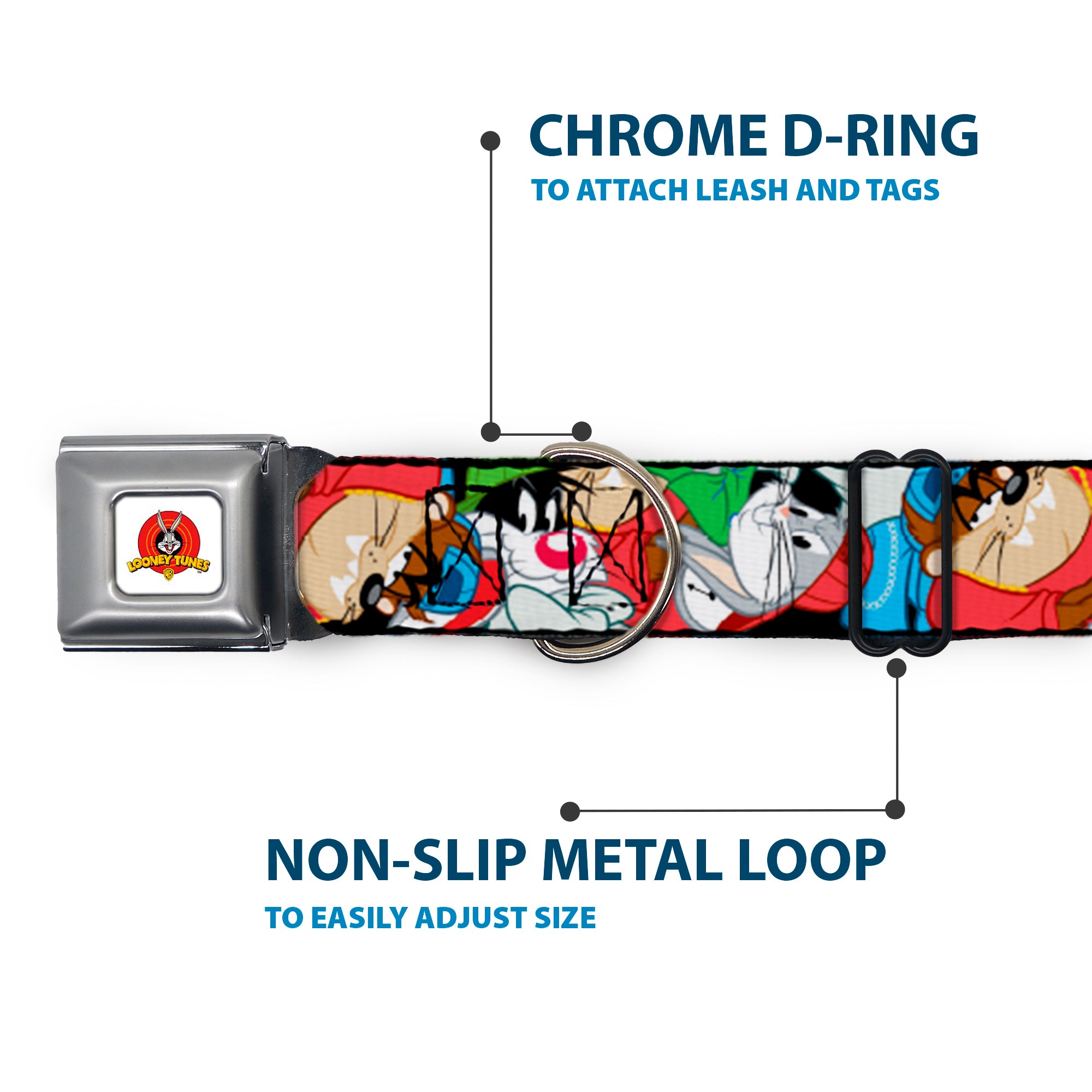 Looney Tunes Logo White Seatbelt Buckle Collar - Looney Tunes 3-B-Boy Stance Character Poses Stacked Seatbelt Buckle Collars Looney Tunes